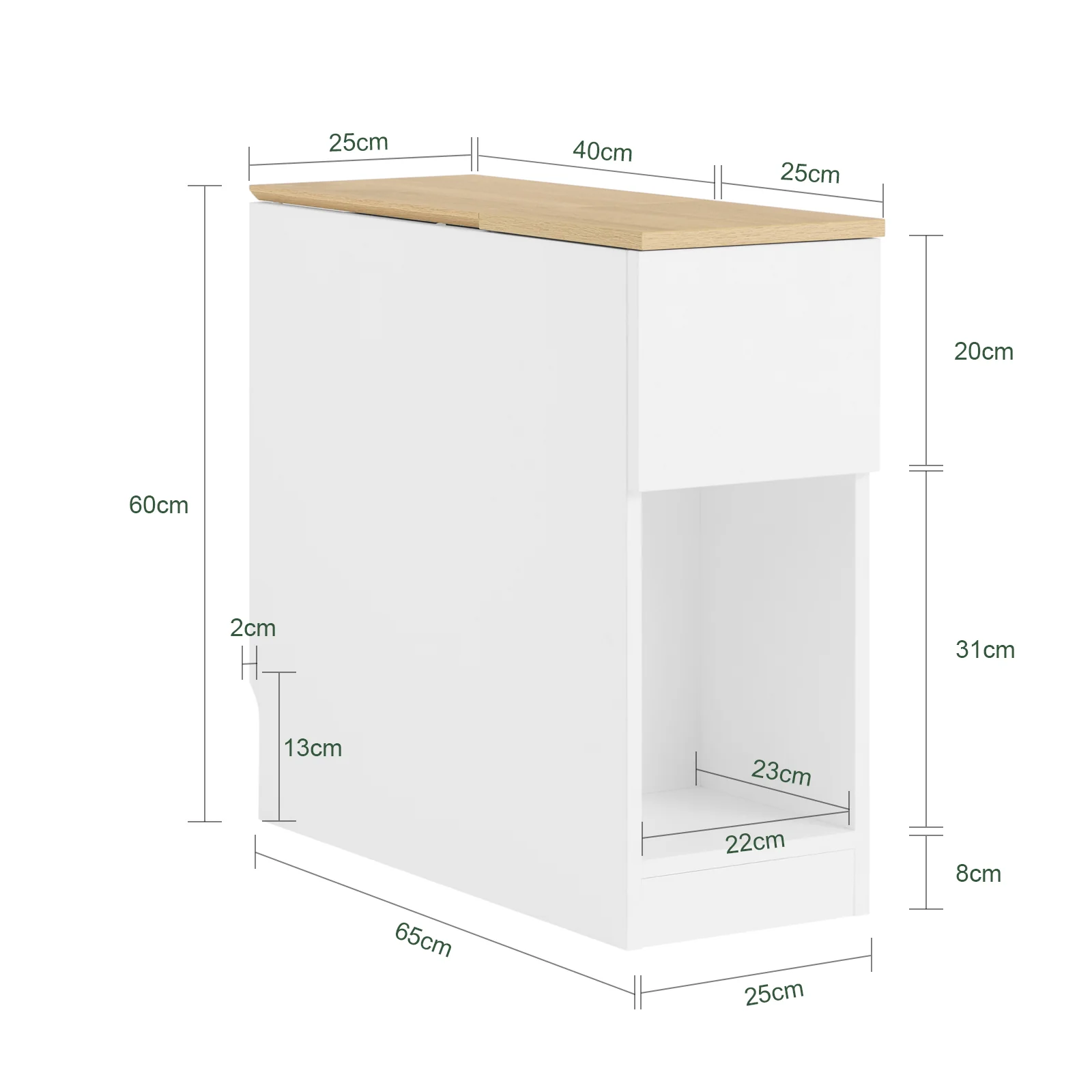 SoBuy FBT162-WN Nachtkastje met 3 vakken voor boxspringbed banktafel bijzettafel smal telefoontafel nachtkastje nachtkastje nachtkastje wit BHT ca. 20x60x65cm - Image 5