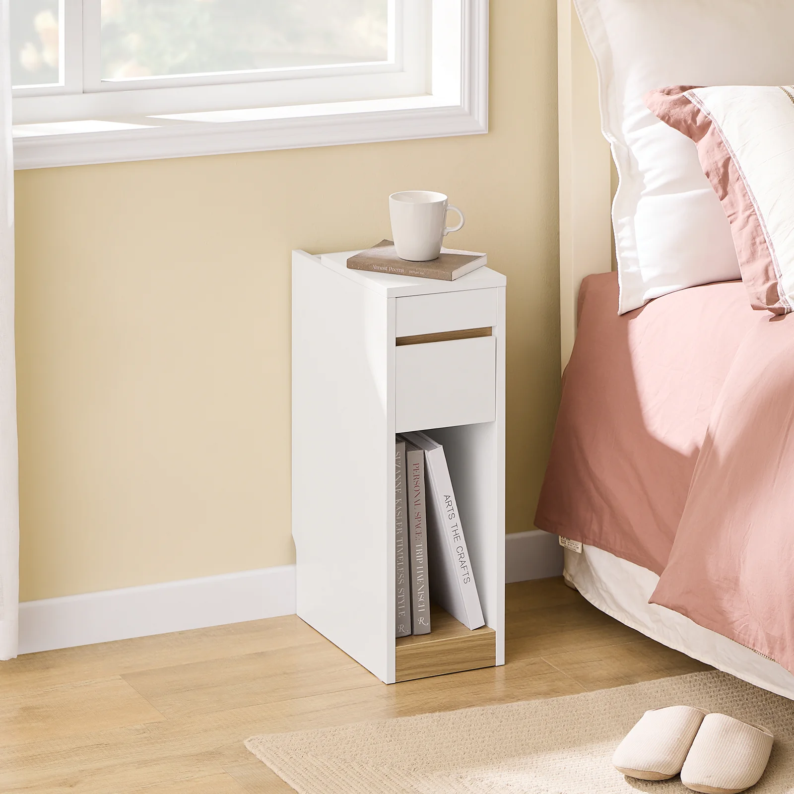 SoBuy FBT163-WN Smal Nachtkastje 20 cm met Lade en Plank – Ruimtebesparend Meubel voor Woonkamer, Wit/Naturel 20 x 35 x 60 cm - Image 14