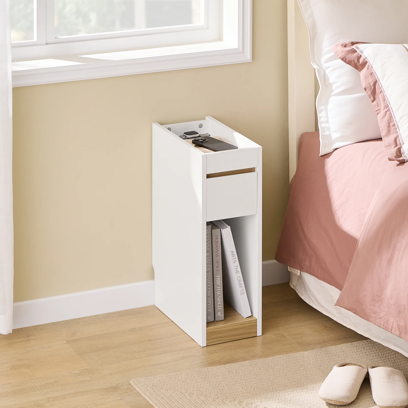 SoBuy FBT163-WN Smal Nachtkastje 20 cm met Lade en Plank – Ruimtebesparend Meubel voor Woonkamer, Wit/Naturel 20 x 35 x 60 cm - Image 3