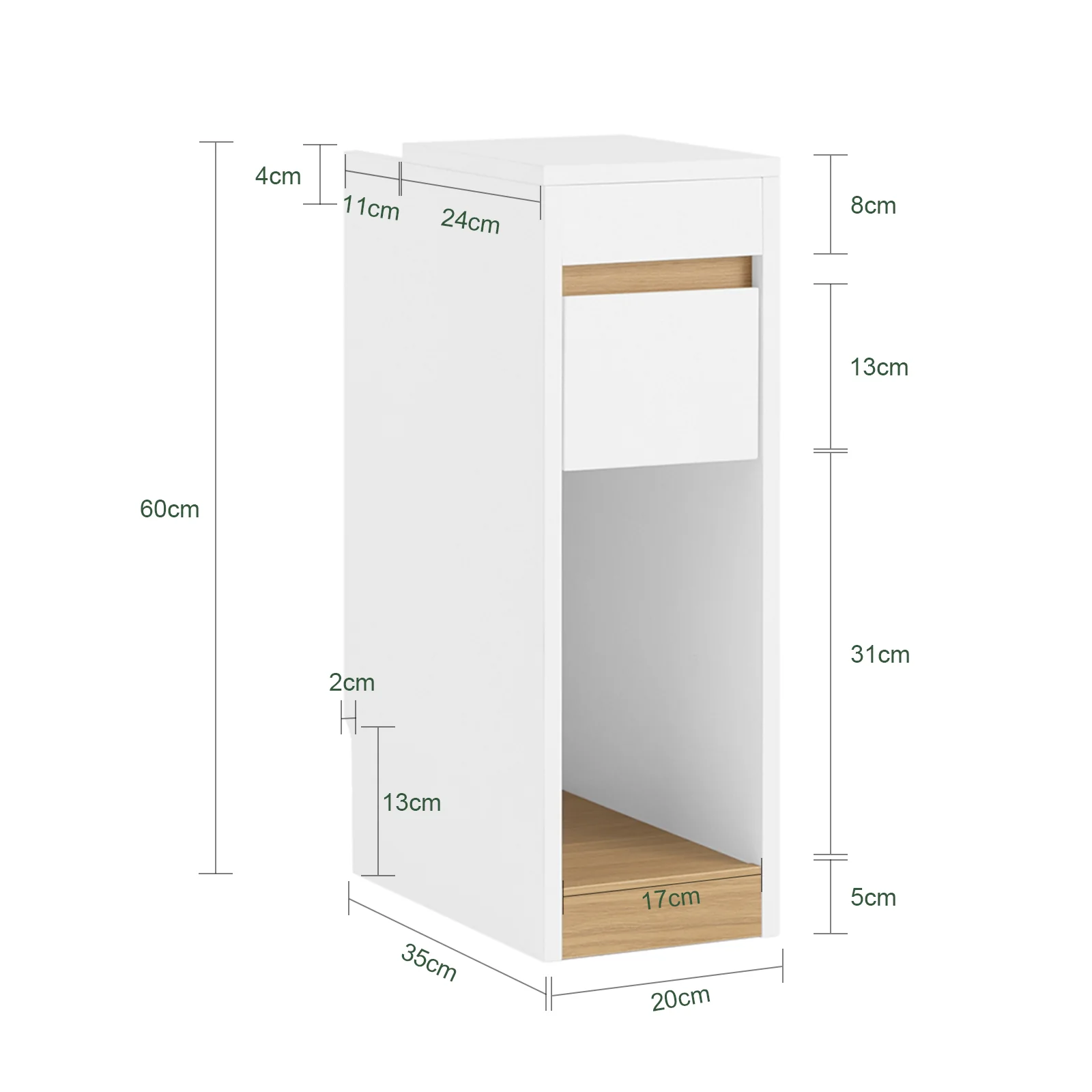 SoBuy FBT163-WN Smal Nachtkastje 20 cm met Lade en Plank – Ruimtebesparend Meubel voor Woonkamer, Wit/Naturel 20 x 35 x 60 cm - Image 5