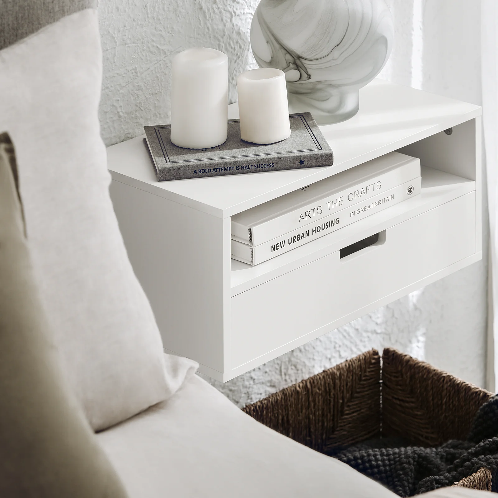 SoBuy NKD03-W Zwevend Nachtkastje met Lade, Hangend Nachttafeltje, Bijzettafel Zwevend, Wandplank, Wandkast voor Slaapkamer - Image 5