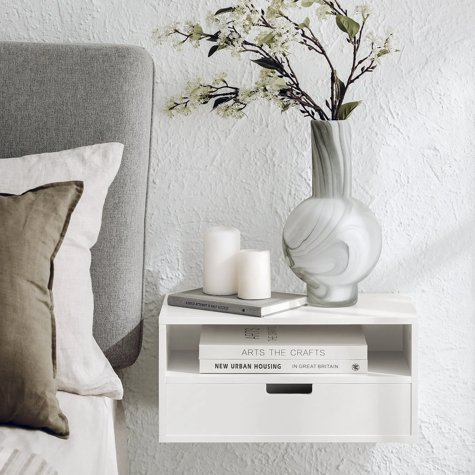 SoBuy NKD03-Wx2 Pak van 2 NKD03-W Zwevend Nachtkastje met Lade, Hangend Nachttafeltje, Bijzettafel Zwevend, Wandplank, Wandkast voor Slaapkamer - Image 2