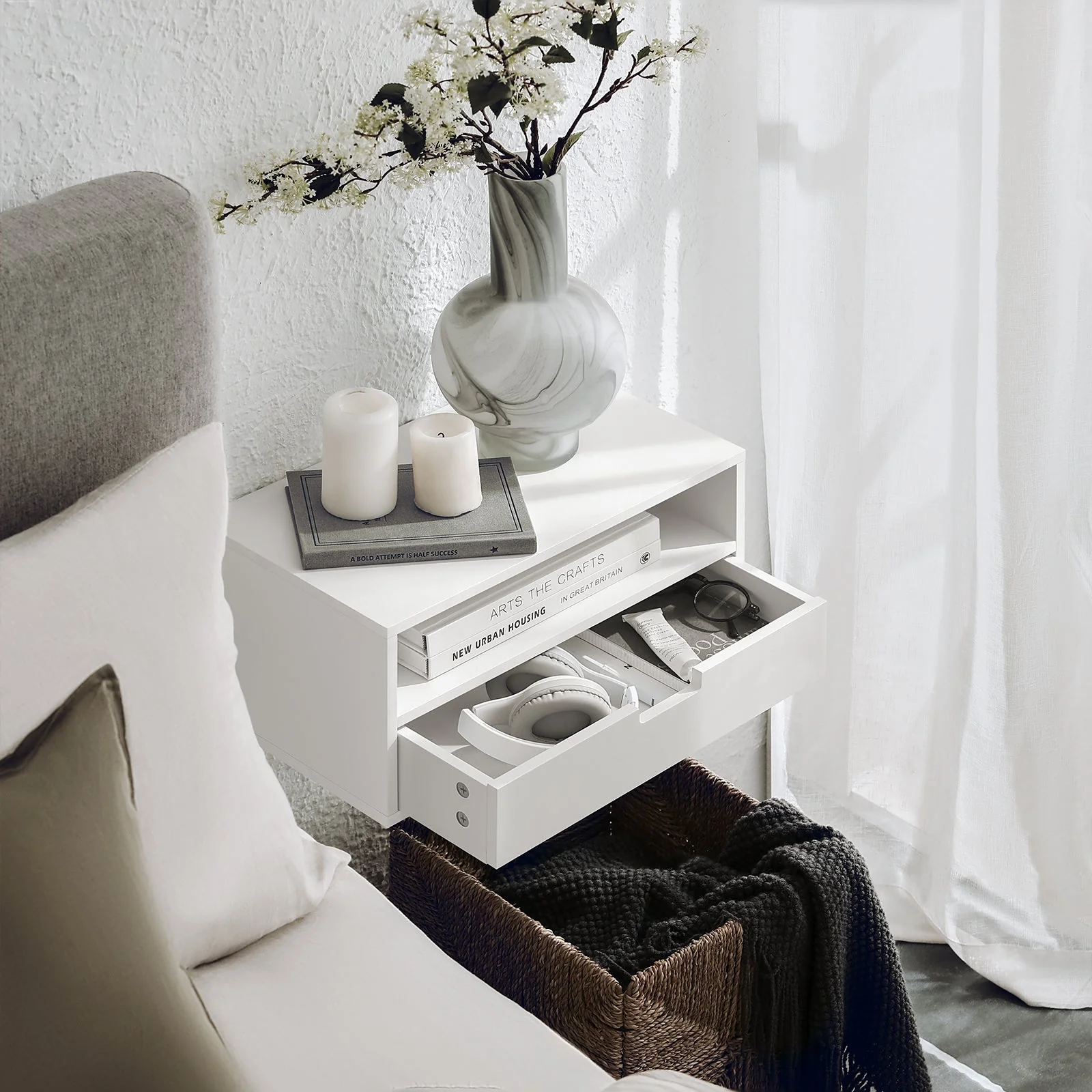 SoBuy NKD03-Wx2 Pak van 2 NKD03-W Zwevend Nachtkastje met Lade, Hangend Nachttafeltje, Bijzettafel Zwevend, Wandplank, Wandkast voor Slaapkamer - Image 3