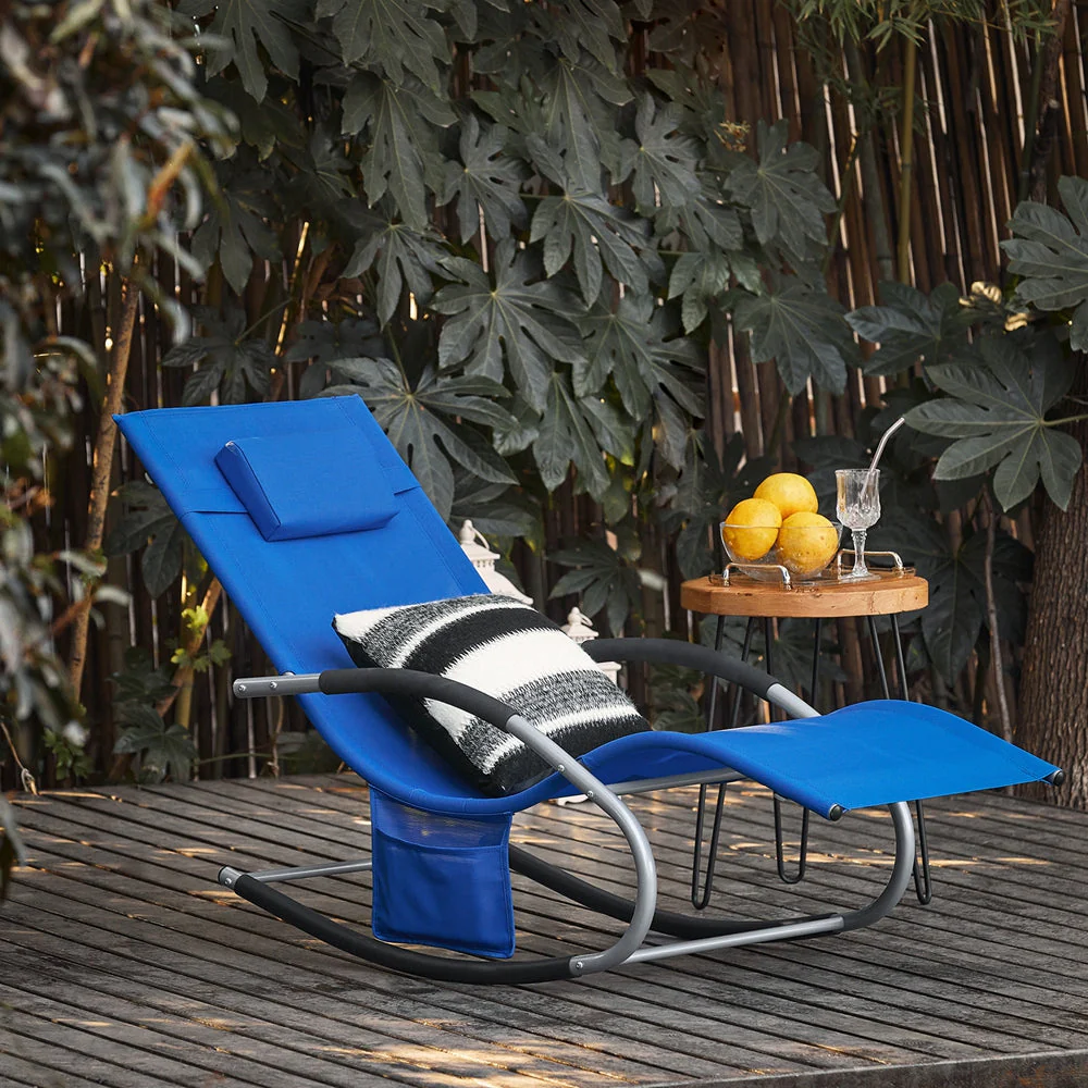 SoBuy OGS28-KB | Ligstoel | Tuinstoel | Swingstoel | Schommelstoel | Ergonomische | met Verstelbare Hoofdsteun en Zijzak | Koningsblauw - Image 3