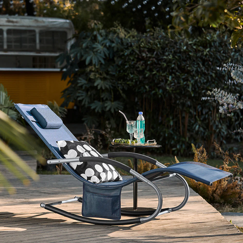 SoBuy OGS28-NB | Ligstoel | Tuinstoel | Swingstoel | Schommelstoel | Ergonomische | met Verstelbare Hoofdsteun en Zijzak | Marineblauw - Image 14