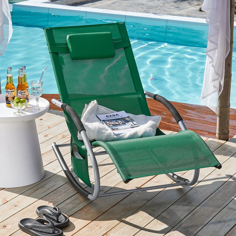 SoBuy OGS28-WD | Ligstoel | Tuinstoel | Swingstoel | Schommelstoel | Ergonomische | met Verstelbare Hoofdsteun en Zijzak | Donkergroen - Image 3