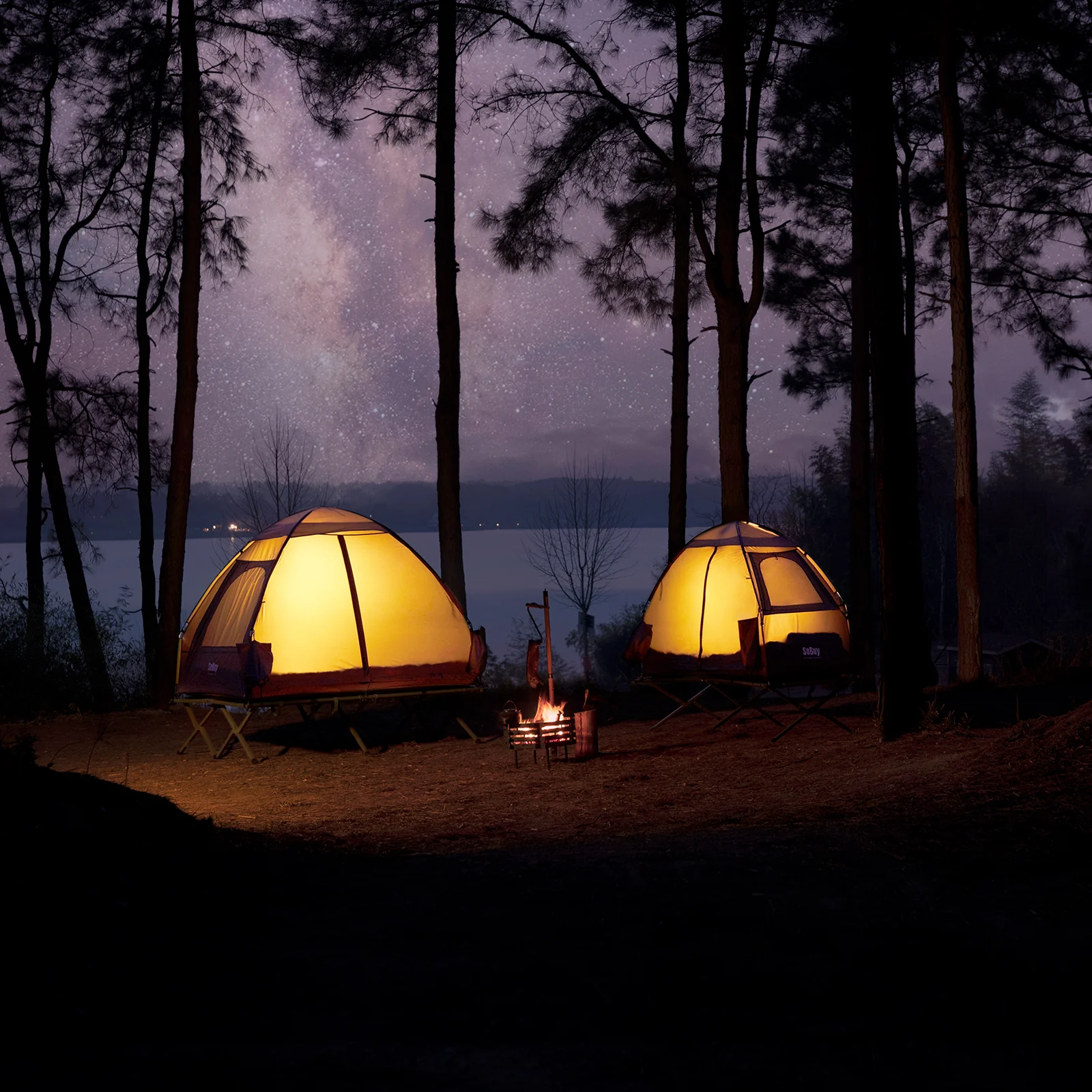 SoBuy OGS32-GR 4-in-1 Camping Tent met Opvouwbaar Bed, Waterdicht, Slaapzak en Matras, Lichtgewicht, voor 2 Persoon, Festival, Buitenleven, Hike en Bos - Legergroen - Image 11