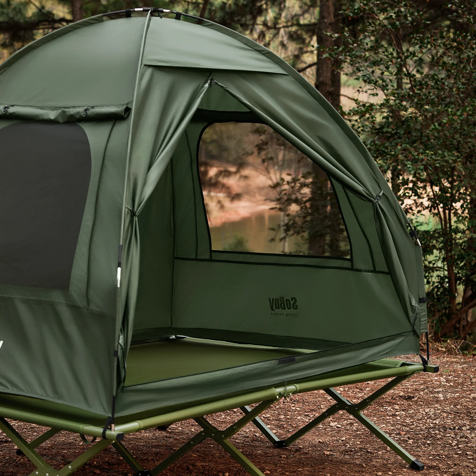 SoBuy OGS32-II-L-GR Veldbed met tent voor 2 personen, 4-in-1 tent op palen met roltas, waterdicht, campingbed, outdoor, campingbed, familietent zonder matras, vistent groen, 193 x 188 x 145 cm - Image 4