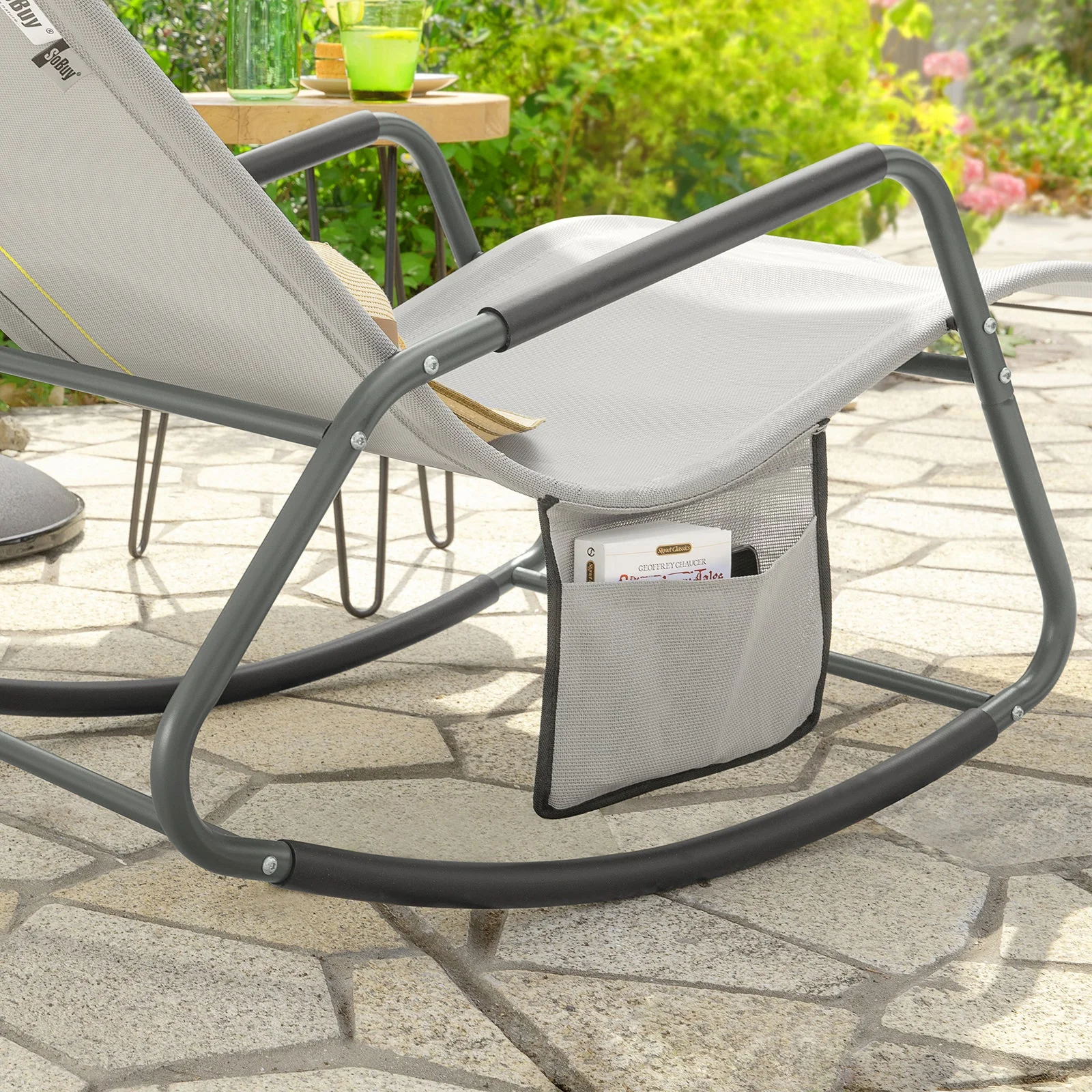 SoBuy OGS47-HG | Ligstoel | Tuinstoel | Swingstoel | Schommelstoel | Ergonomische | met Zijzak | Grijs - Image 11
