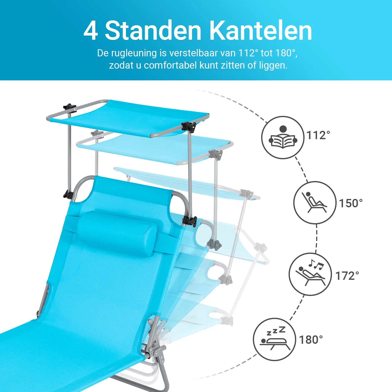 SoBuy Set van 2 Opvouwbare Ligstoelen, Verstelbare Lounge Stoelen met Luifel & 4 Standen - UV-Beschermende Zonnekap, Voor Zwembad, Camping en Buitenleven,Blauw, OGS48-Bx2 - Image 6