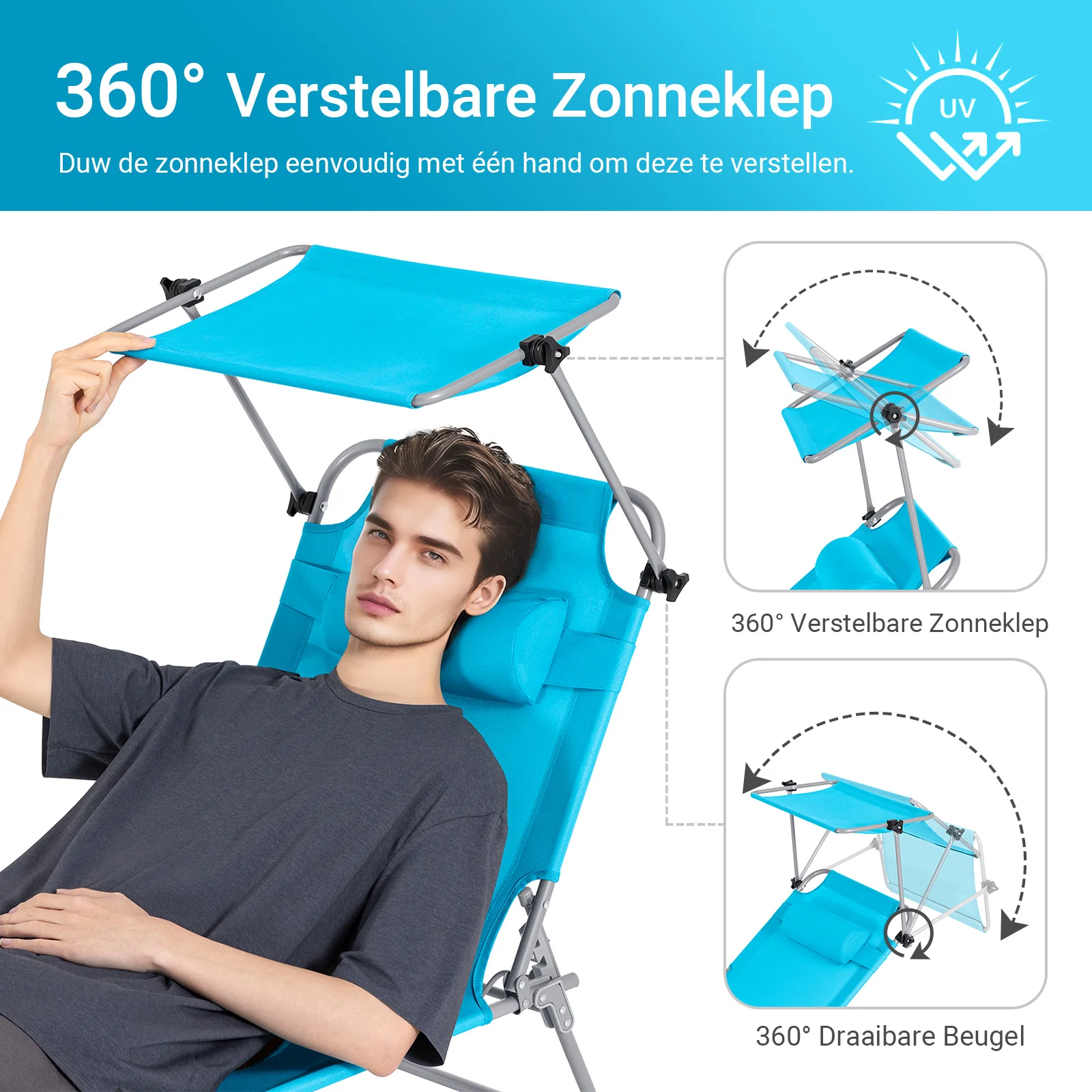 SoBuy Set van 2 Opvouwbare Ligstoelen, Verstelbare Lounge Stoelen met Luifel & 4 Standen - UV-Beschermende Zonnekap, Voor Zwembad, Camping en Buitenleven,Blauw, OGS48-Bx2 - Image 8