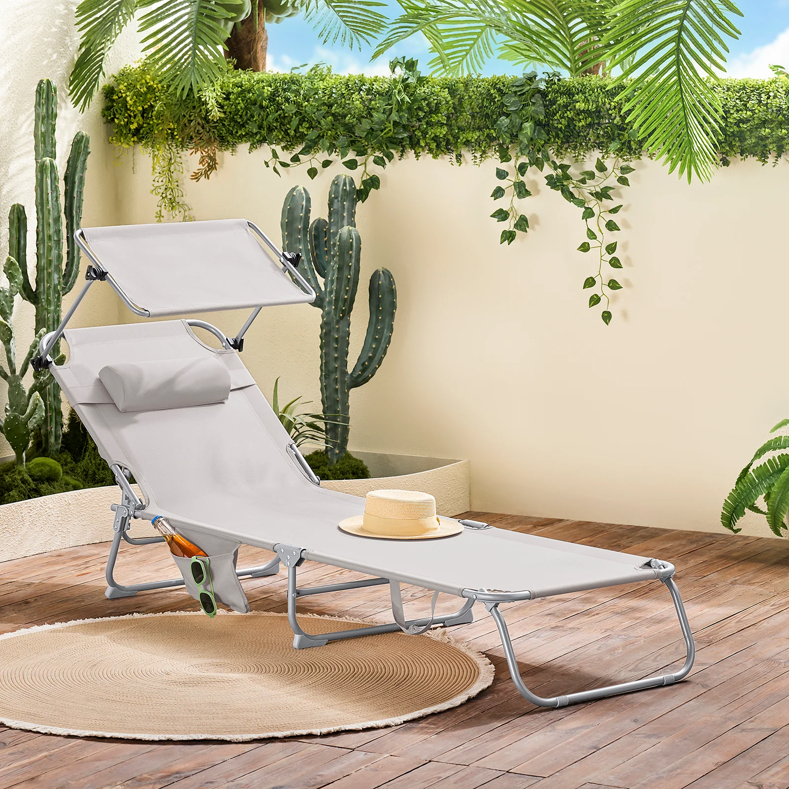 SoBuy OGS48-MIx2 Set van 2 Opvouwbare Ligstoelen, Verstelbare Lounge Stoelen met Luifel & 4 Standen - UV-Beschermende Zonnekap, Voor Zwembad, Camping en Buitenleven, Beige - Image 10