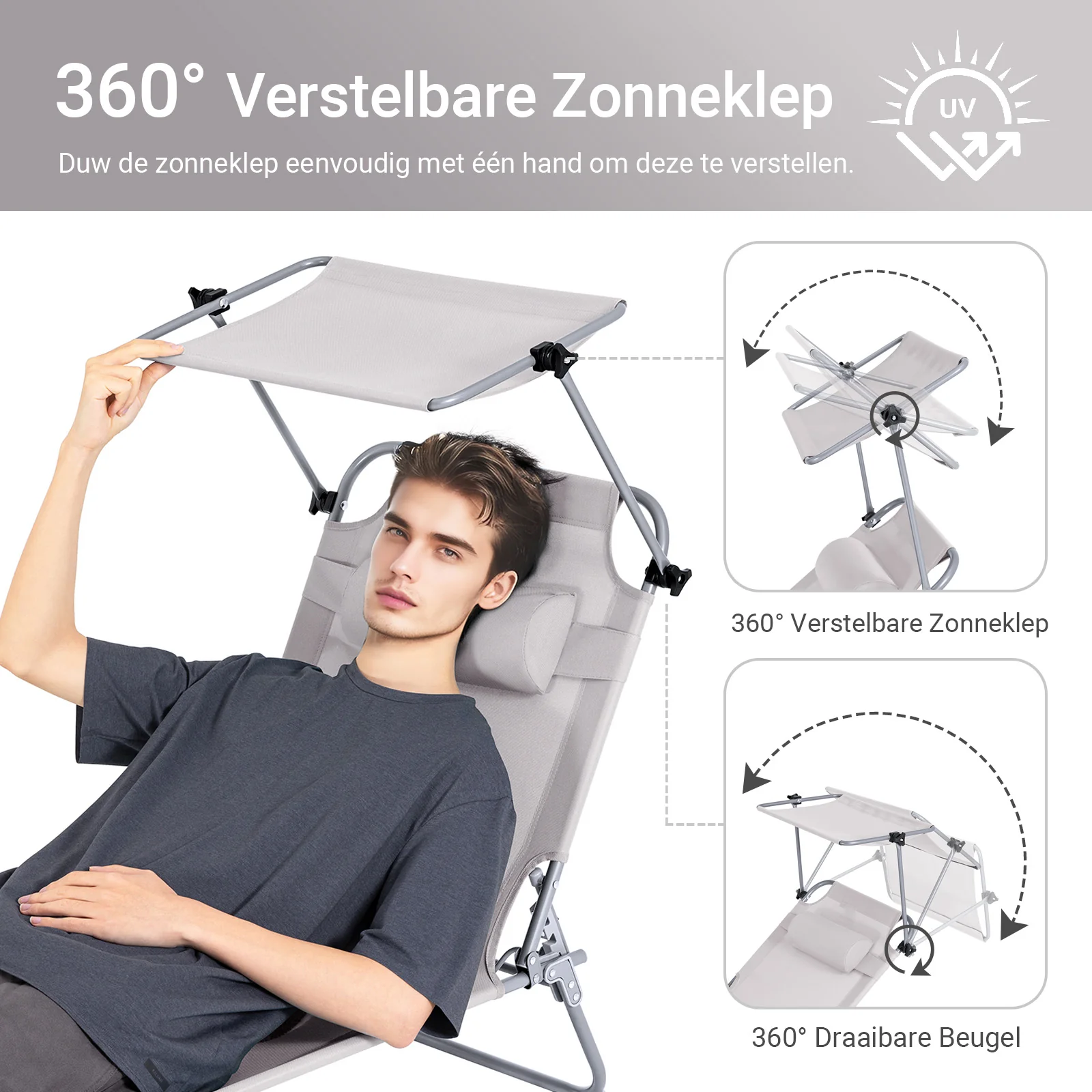 SoBuy OGS48-MIx2 Set van 2 Opvouwbare Ligstoelen, Verstelbare Lounge Stoelen met Luifel & 4 Standen - UV-Beschermende Zonnekap, Voor Zwembad, Camping en Buitenleven, Beige - Image 5