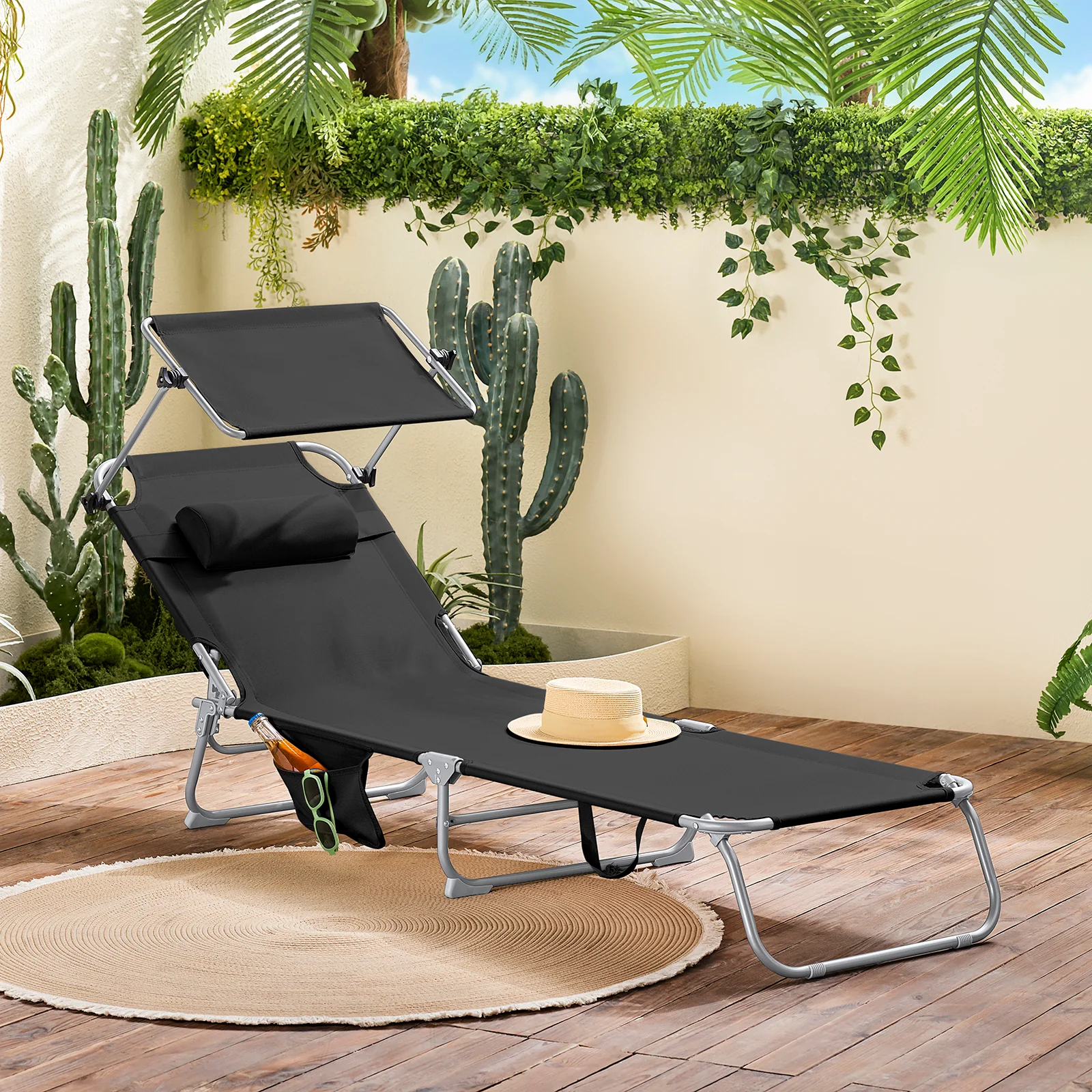 SoBuy Set van 2 Opvouwbare Ligstoelen, Verstelbare Lounge Stoelen met Luifel & 4 Standen - UV-Beschermende Zonnekap, Voor Zwembad, Camping en Buitenleven,Zwart, OGS48-SCHx2 - Image 10