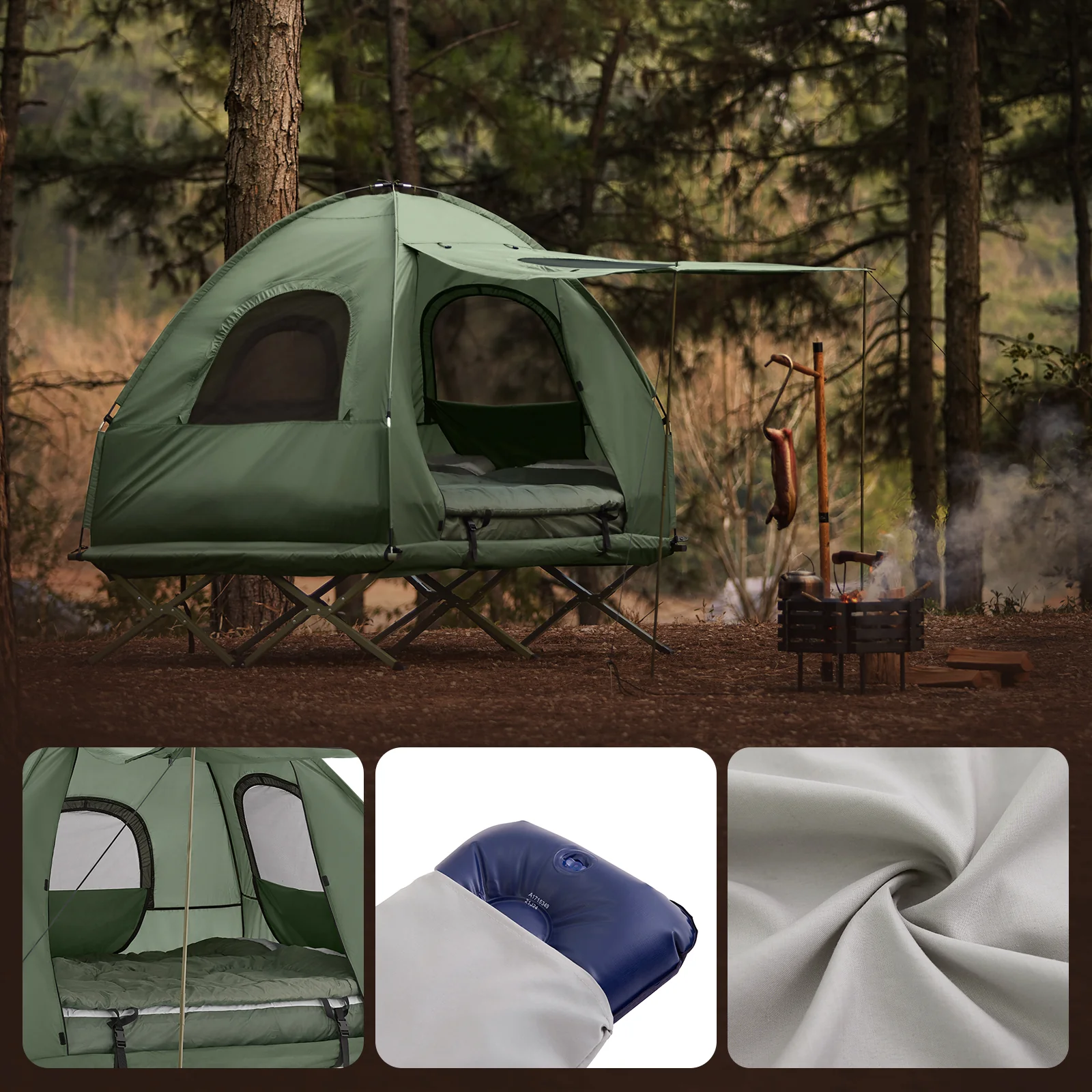 SoBuy OGS61-L-GR | Opvouwbaar Campingbedje | 3 in 1 met anti-UV dak + opblaasbare matras + draagtas | maximale belasting 300 kg | 2 personen - Image 8