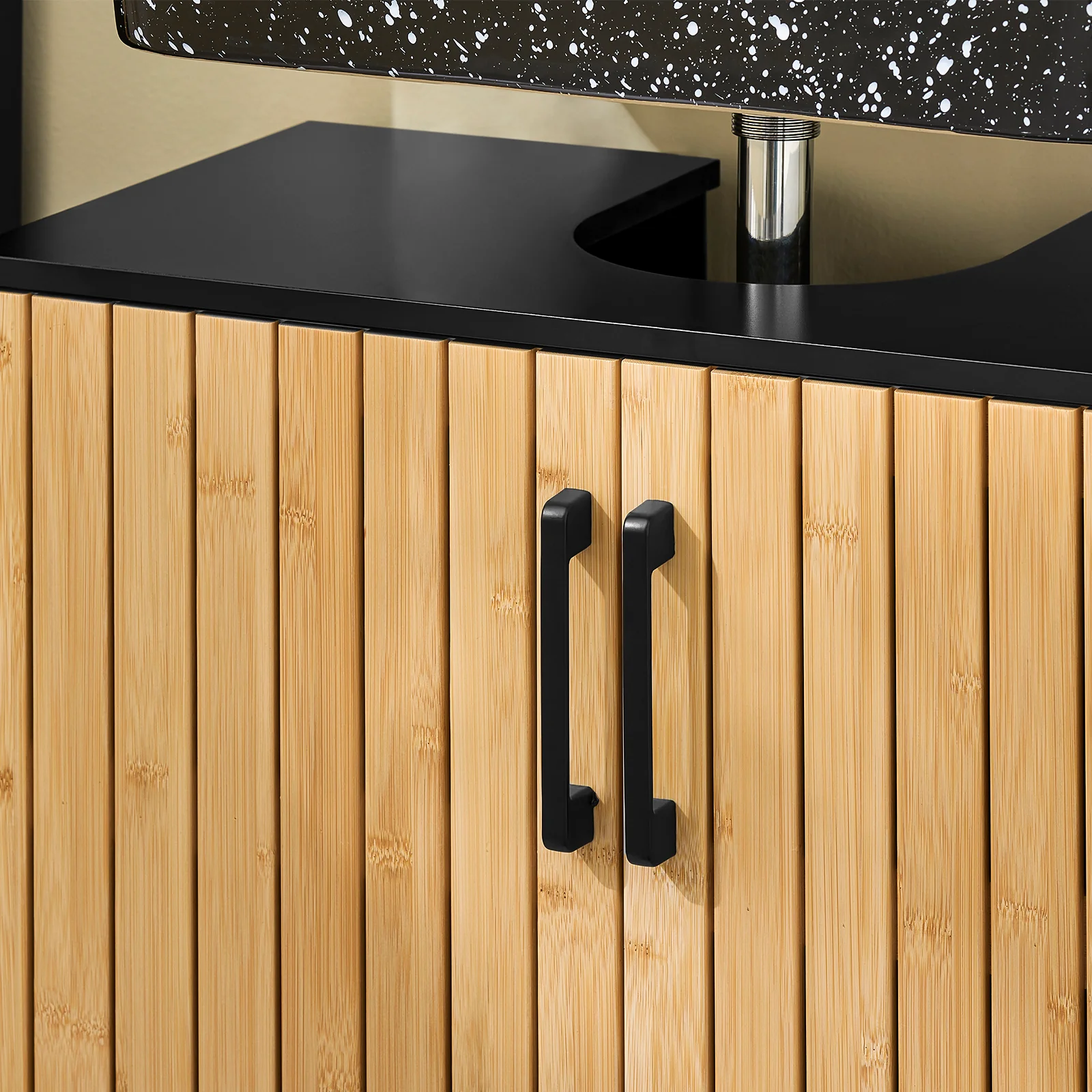 SoBuy BZR202-SCH Onderkast voor wastafel, badkamer, 60 cm, klein opbergmeubel met deuren van bamboe en metalen poten, onderkast voor toilet of badkamer - Image 10