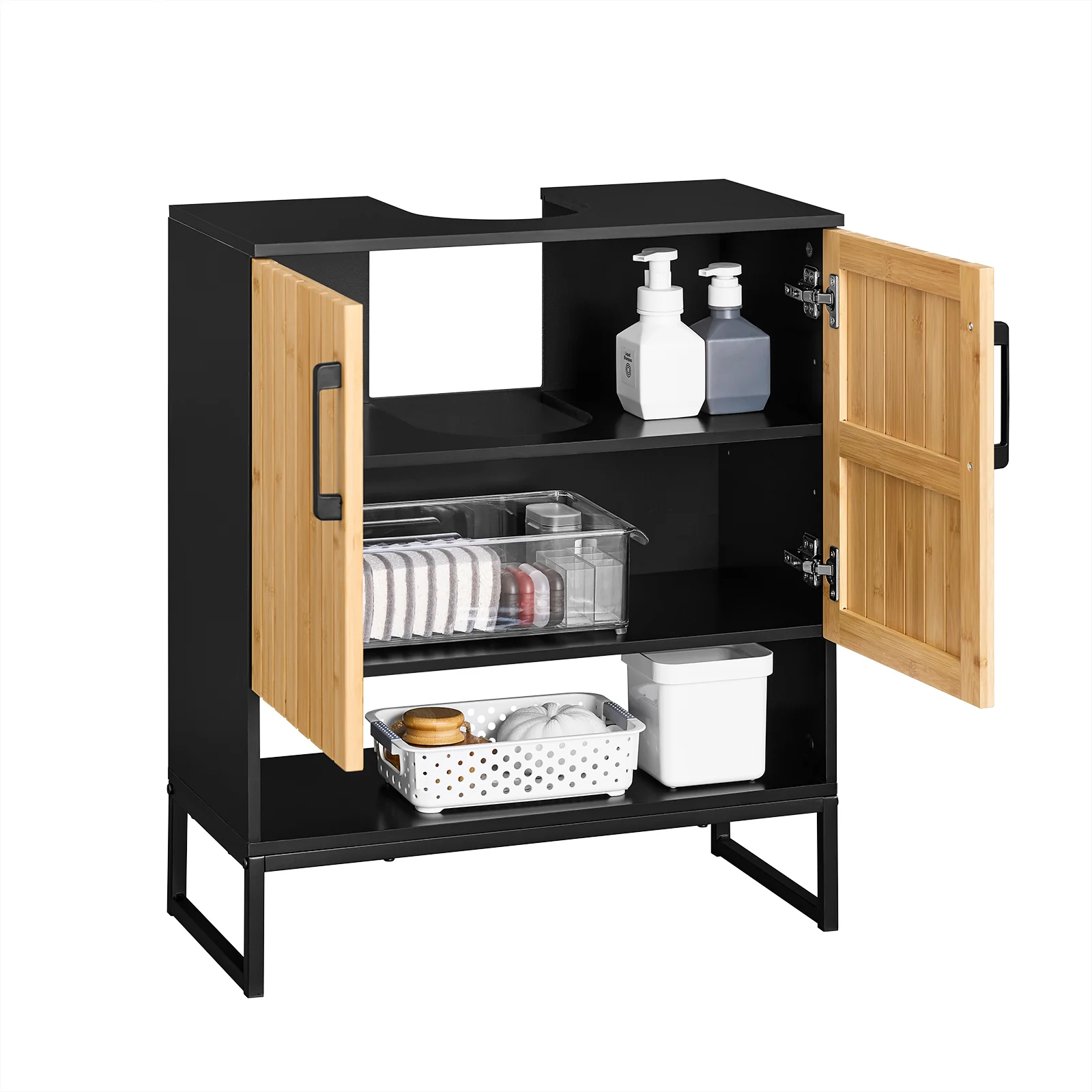 SoBuy BZR202-SCH Onderkast voor wastafel, badkamer, 60 cm, klein opbergmeubel met deuren van bamboe en metalen poten, onderkast voor toilet of badkamer - Image 11