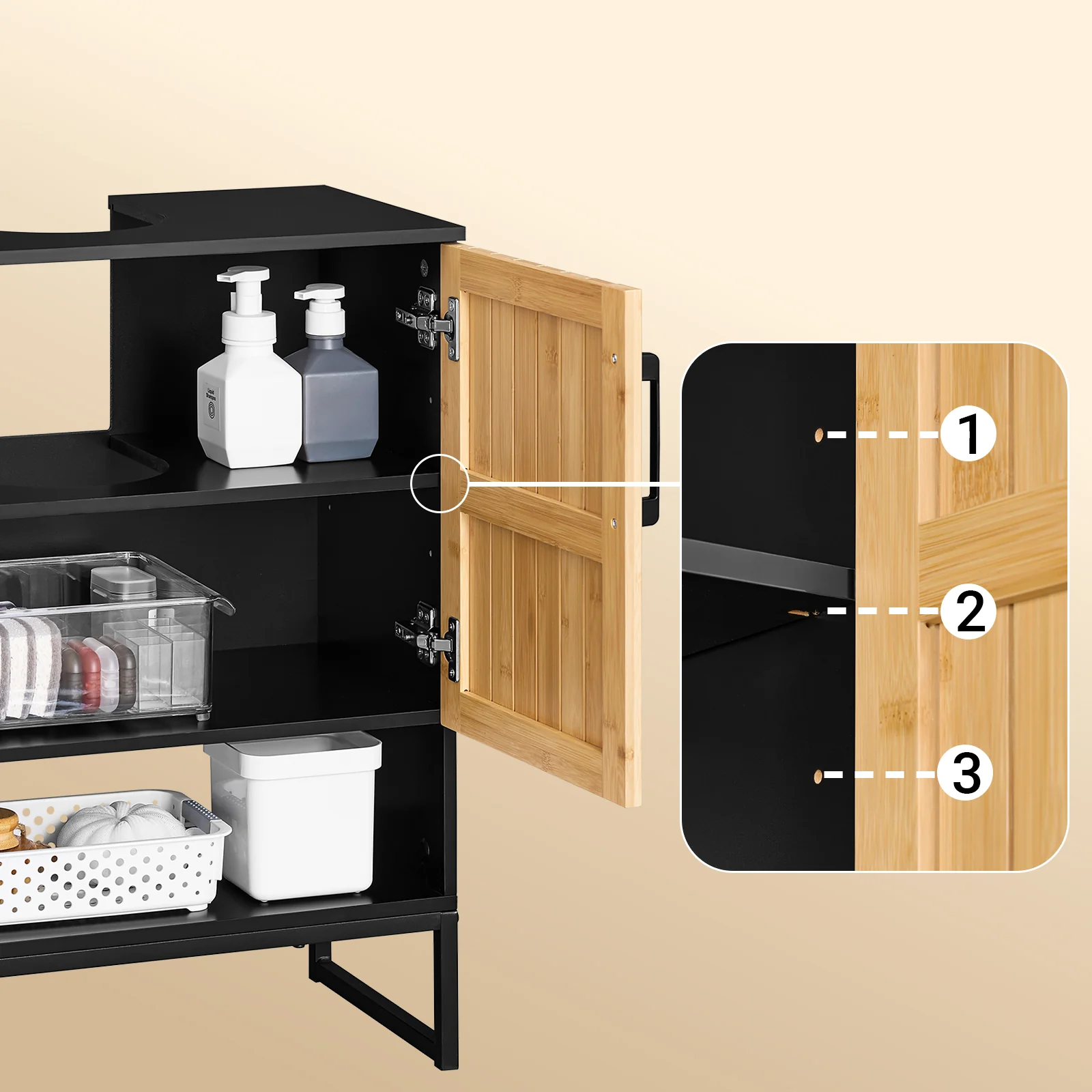SoBuy BZR202-SCH Onderkast voor wastafel, badkamer, 60 cm, klein opbergmeubel met deuren van bamboe en metalen poten, onderkast voor toilet of badkamer - Image 6