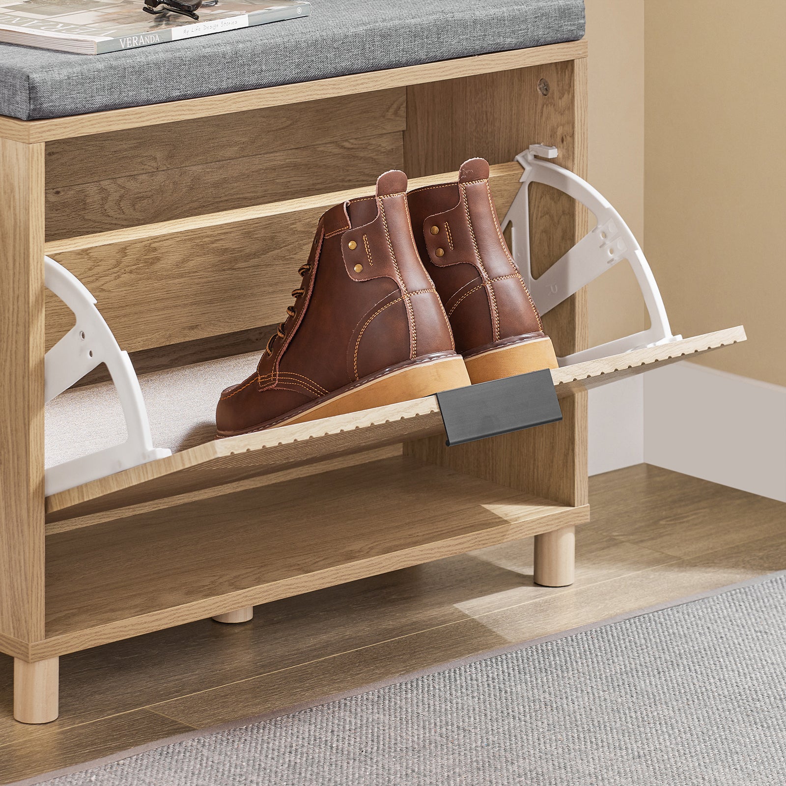 SoBuy FSR199-N Schoenenbank, schoenenbank, entree, opbergbank, schoenen met deksel, verborgen opslag en comfortabel kussen, entreemeubel, schoenen, hal, hout, 60 x 24 x 50 cm - Image 12
