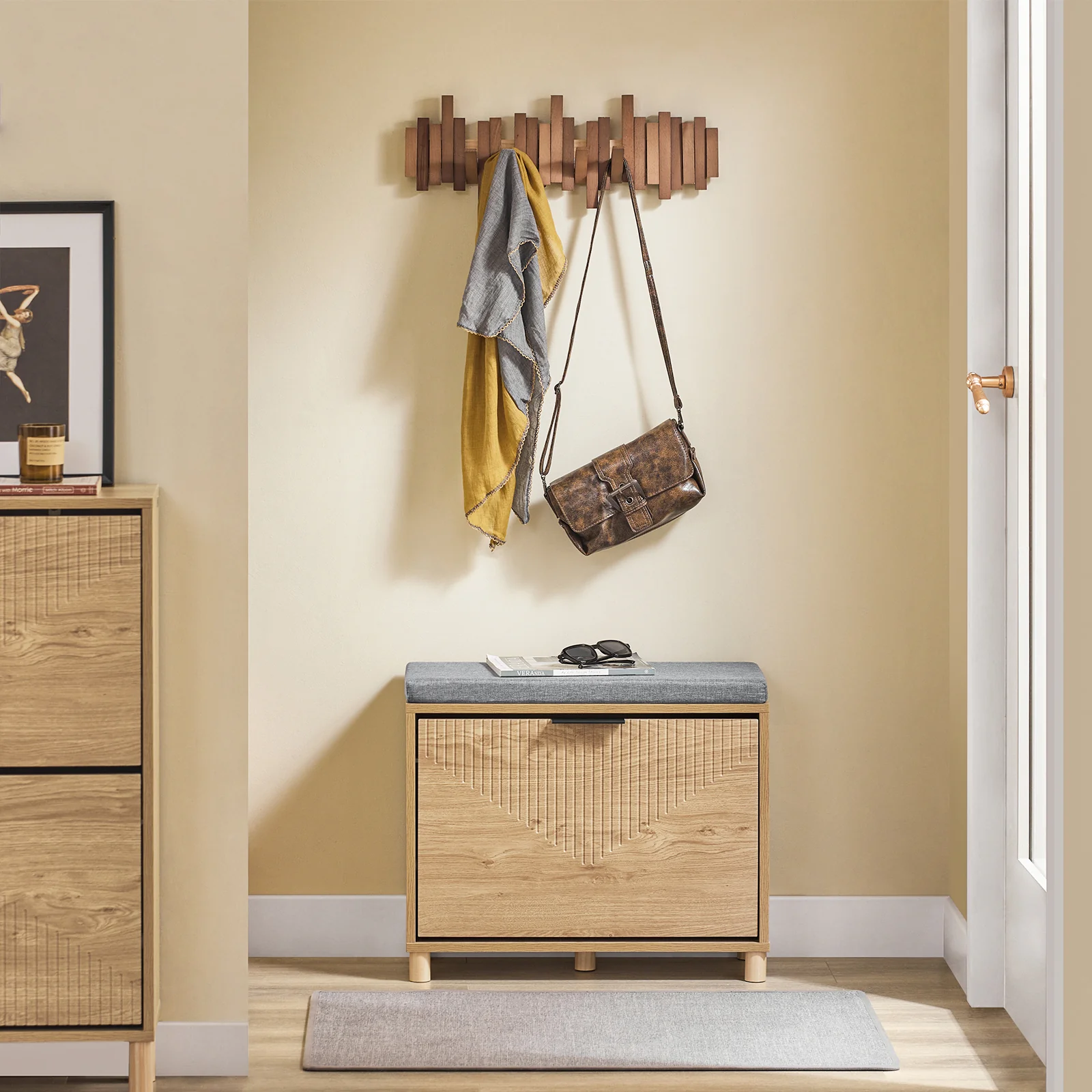SoBuy FSR199-N Schoenenbank, schoenenbank, entree, opbergbank, schoenen met deksel, verborgen opslag en comfortabel kussen, entreemeubel, schoenen, hal, hout, 60 x 24 x 50 cm - Image 2