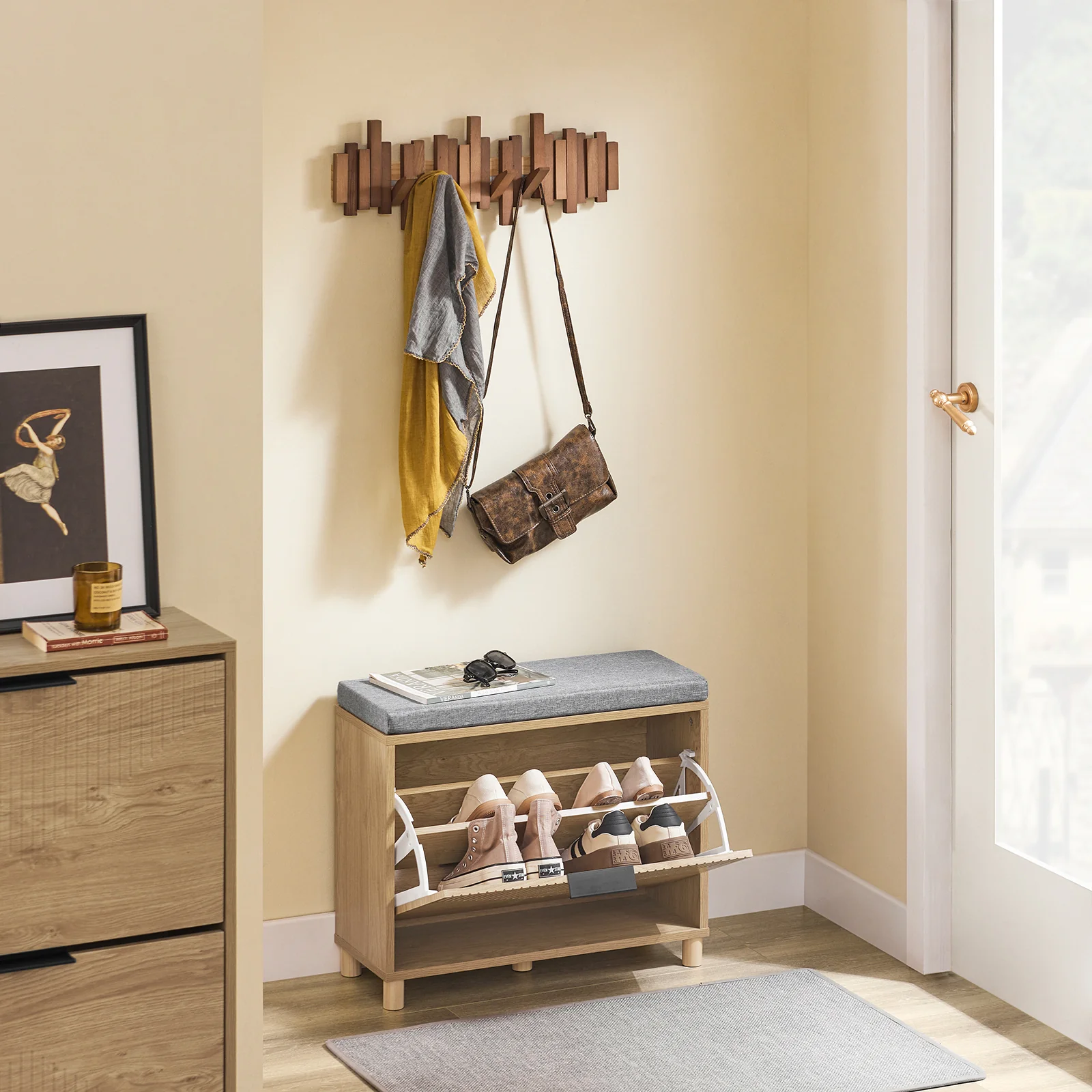 SoBuy FSR199-N Schoenenbank, schoenenbank, entree, opbergbank, schoenen met deksel, verborgen opslag en comfortabel kussen, entreemeubel, schoenen, hal, hout, 60 x 24 x 50 cm - Image 3