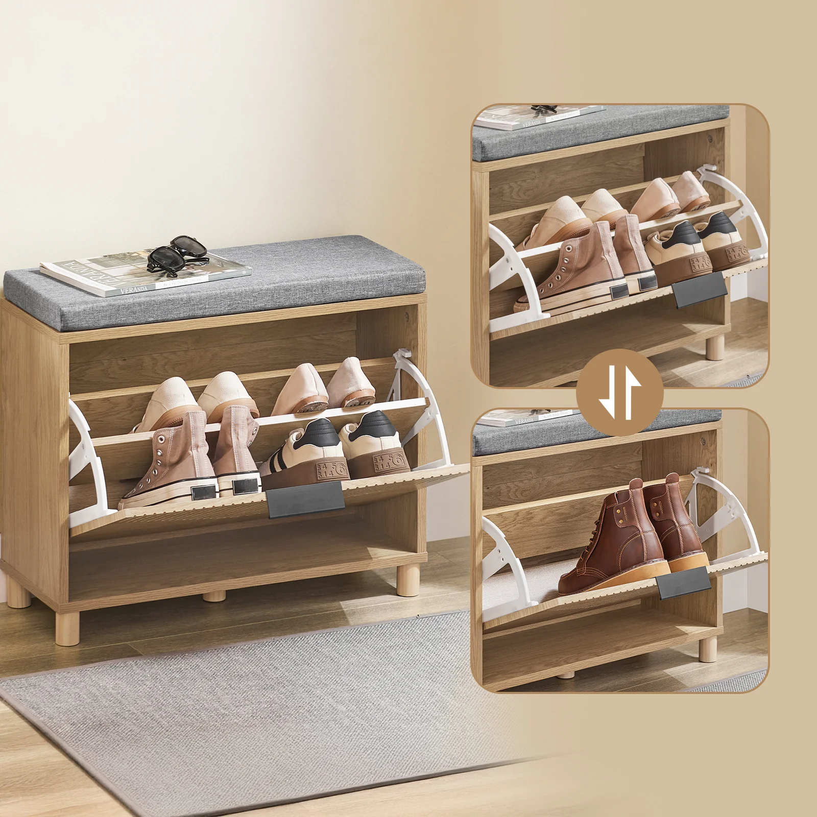 SoBuy FSR199-N Schoenenbank, schoenenbank, entree, opbergbank, schoenen met deksel, verborgen opslag en comfortabel kussen, entreemeubel, schoenen, hal, hout, 60 x 24 x 50 cm - Image 6
