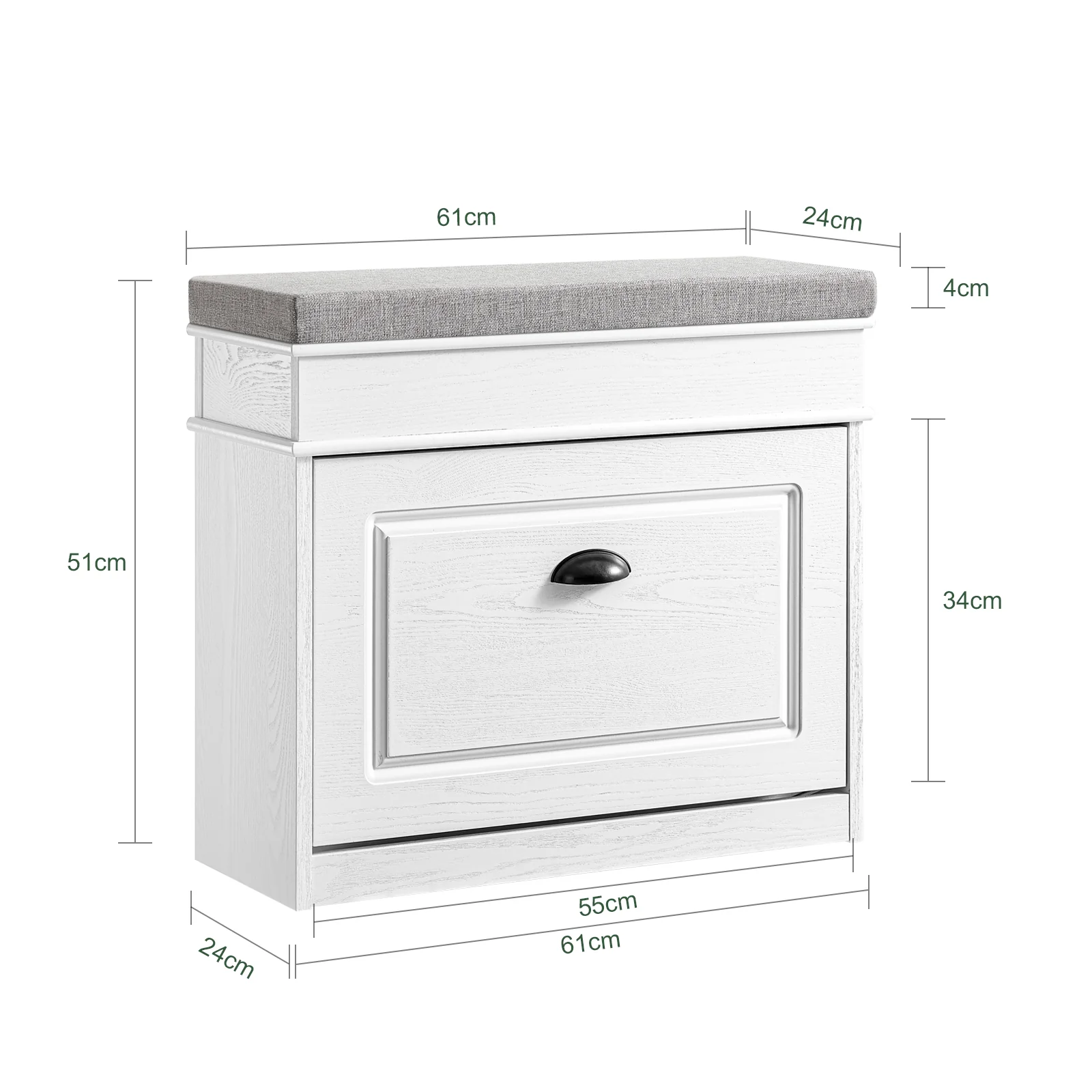 SoBuy FSR82-K-WG Schoenenkast entreebank – schoenenbank met toiletzitting en schoenenopbergkussen voor hal, woonkamer 61 x 24 x 51 cm, capaciteit 113 kg, wit antiek houteffect - Image 5