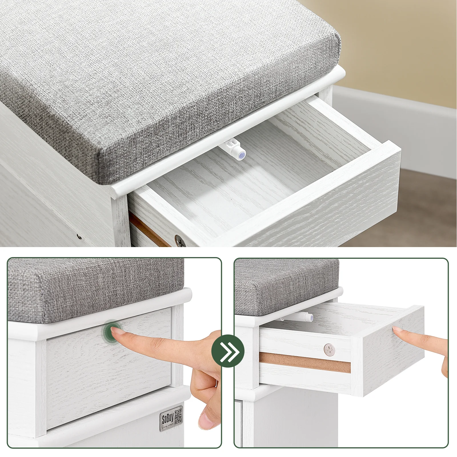 SoBuy FSR82-K-WG Schoenenkast entreebank – schoenenbank met toiletzitting en schoenenopbergkussen voor hal, woonkamer 61 x 24 x 51 cm, capaciteit 113 kg, wit antiek houteffect - Image 8