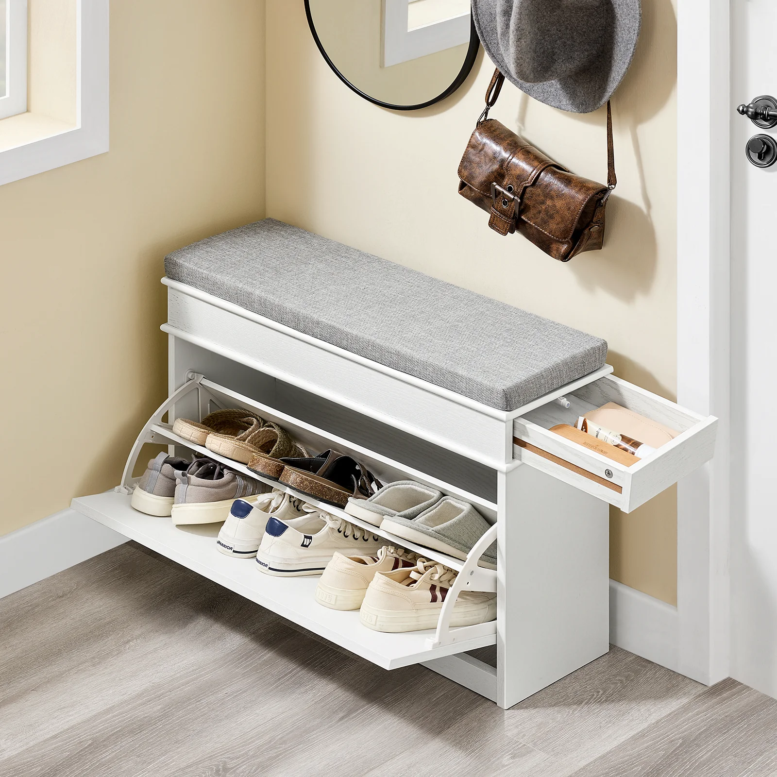 SoBuy FSR82-L-WG Schoenenkast entreebank – schoenenbank met toiletzitting en schoenenopbergkussen voor hal, woonkamer 75 x 24 x 51 cm, capaciteit 180 kg, wit antiek houteffect - Image 3