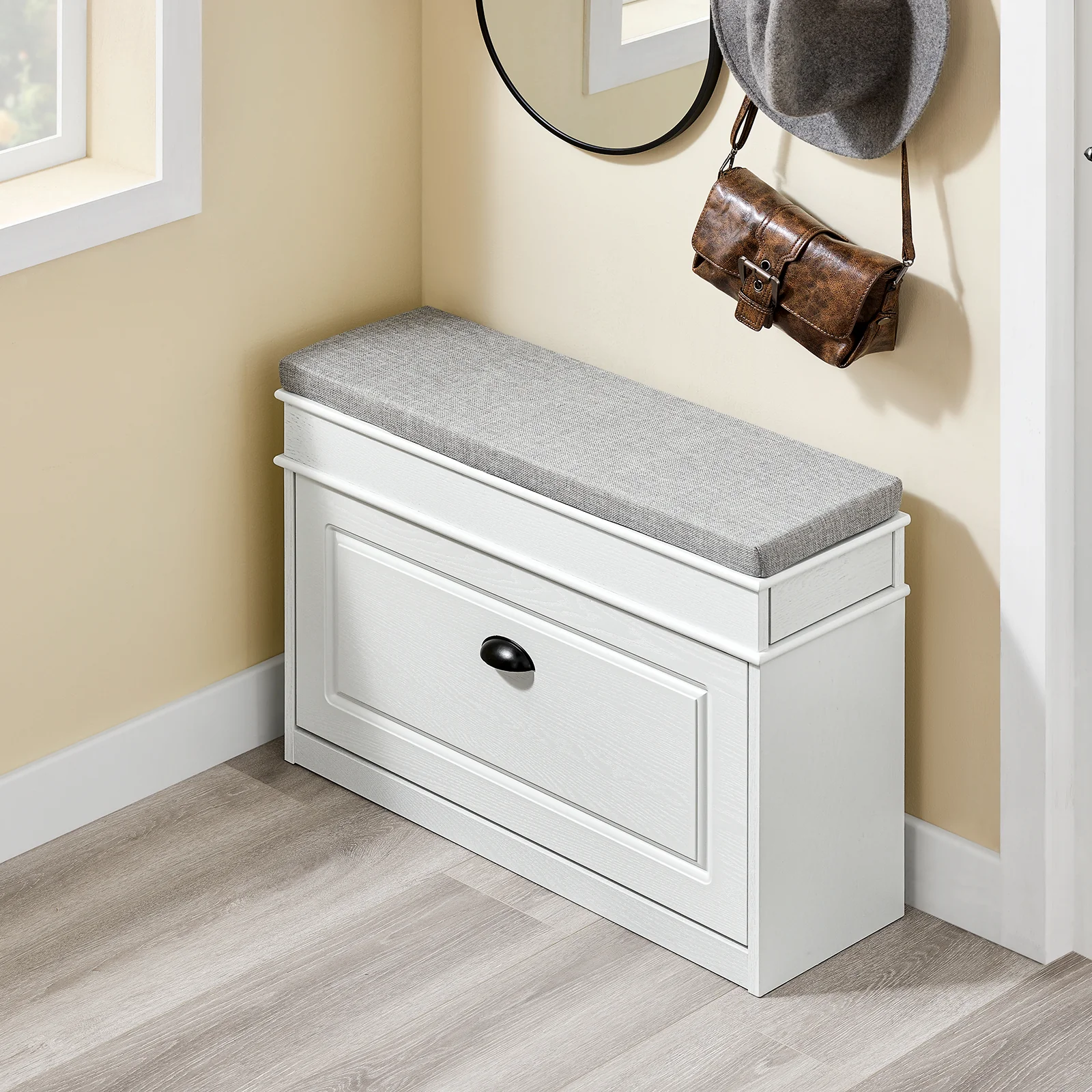 SoBuy FSR82-L-WG Schoenenkast entreebank – schoenenbank met toiletzitting en schoenenopbergkussen voor hal, woonkamer 75 x 24 x 51 cm, capaciteit 180 kg, wit antiek houteffect - Image 4