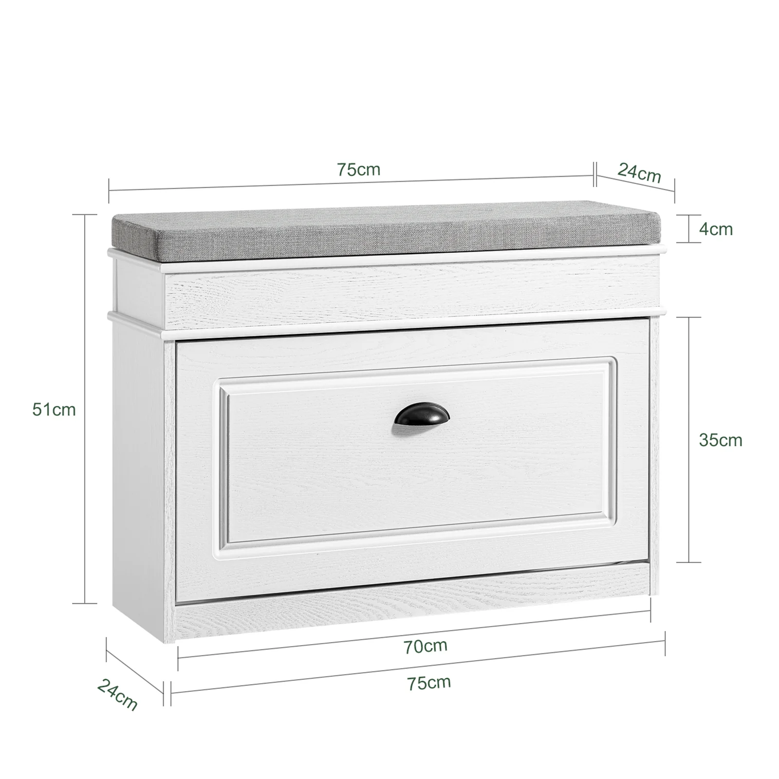 SoBuy FSR82-L-WG Schoenenkast entreebank – schoenenbank met toiletzitting en schoenenopbergkussen voor hal, woonkamer 75 x 24 x 51 cm, capaciteit 180 kg, wit antiek houteffect - Image 5