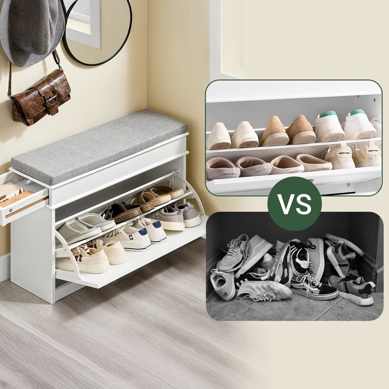 SoBuy FSR82-L-WG Schoenenkast entreebank – schoenenbank met toiletzitting en schoenenopbergkussen voor hal, woonkamer 75 x 24 x 51 cm, capaciteit 180 kg, wit antiek houteffect - Image 6