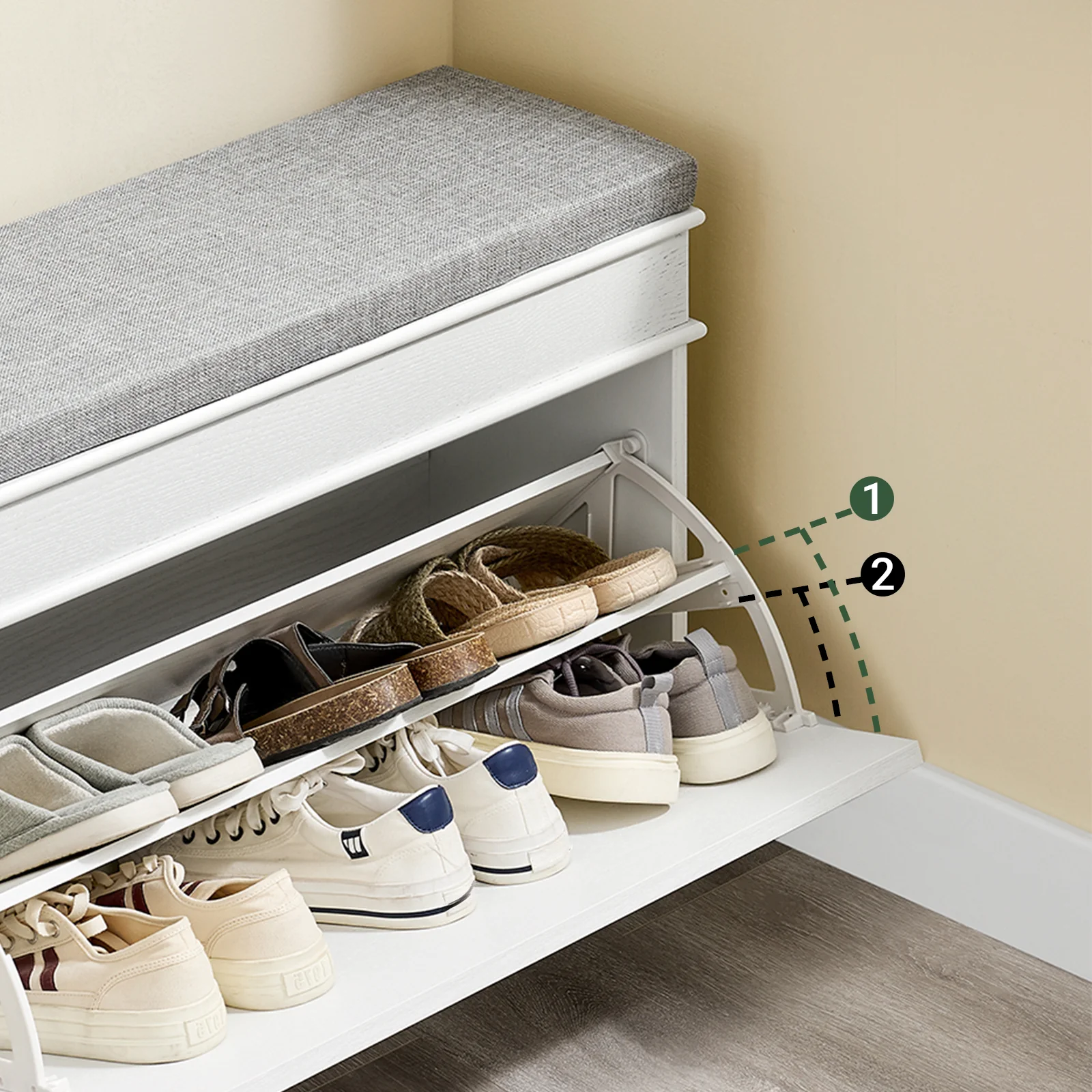 SoBuy FSR82-L-WG Schoenenkast entreebank – schoenenbank met toiletzitting en schoenenopbergkussen voor hal, woonkamer 75 x 24 x 51 cm, capaciteit 180 kg, wit antiek houteffect - Image 7