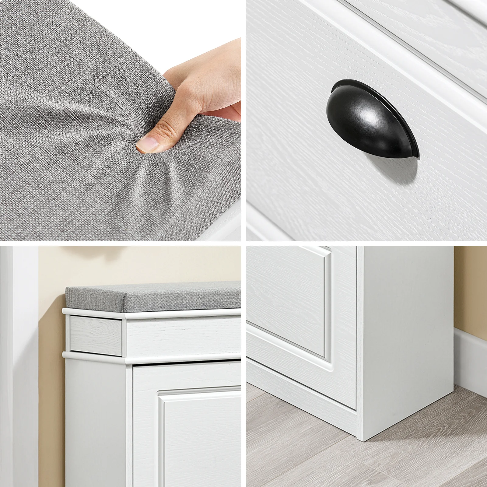 SoBuy FSR82-L-WG Schoenenkast entreebank – schoenenbank met toiletzitting en schoenenopbergkussen voor hal, woonkamer 75 x 24 x 51 cm, capaciteit 180 kg, wit antiek houteffect - Image 9