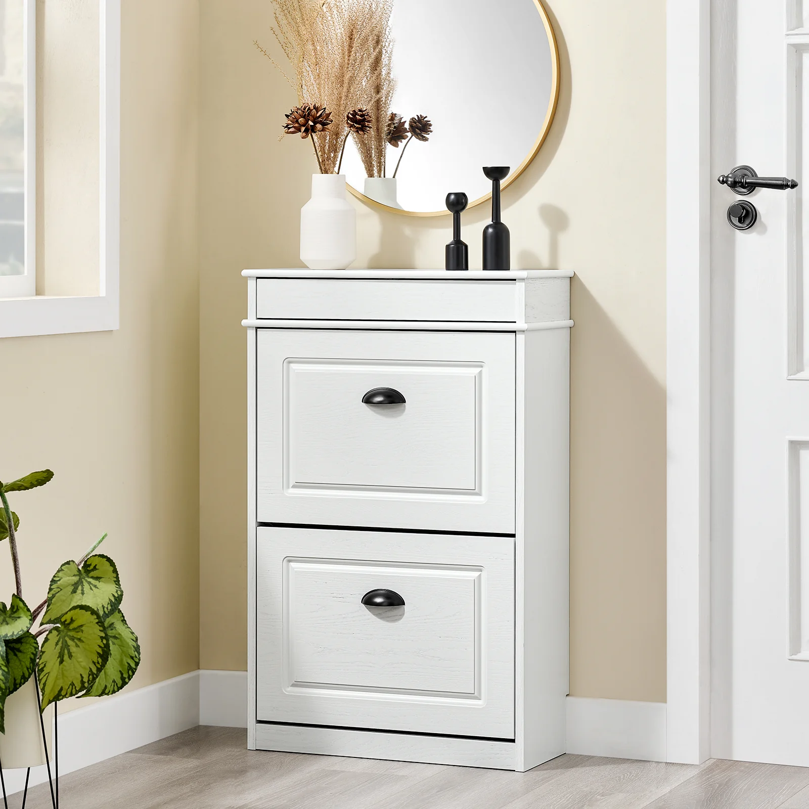 SoBuy FSR78-WG Schoenenkast met 2 kleppen, schoenenkast, entree, schoenenkast, schoenenrek, 8 paar, voor hal, entree, 54 x 24 x 82 cm, verouderd houteffect, wit - Image 4