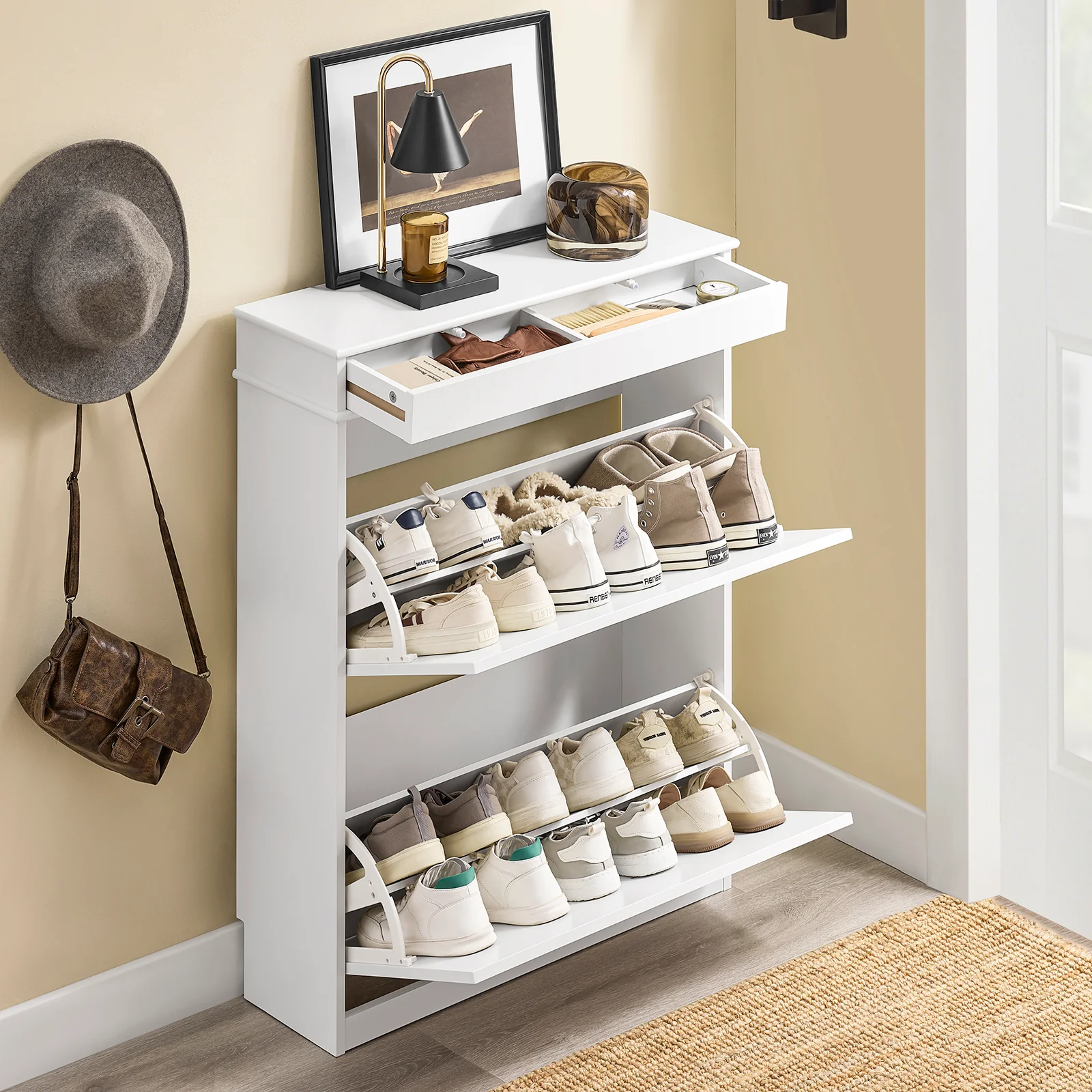 SoBuy FSR78-L-W Schoenenkast met 2 Kleppen, Schoenenrek voor Hal, Schoenenmeubel voor 12 Paar Schoenen, Schoenenopberger voor Gang of Entree, 75x24x96cm, Wit - Image 3