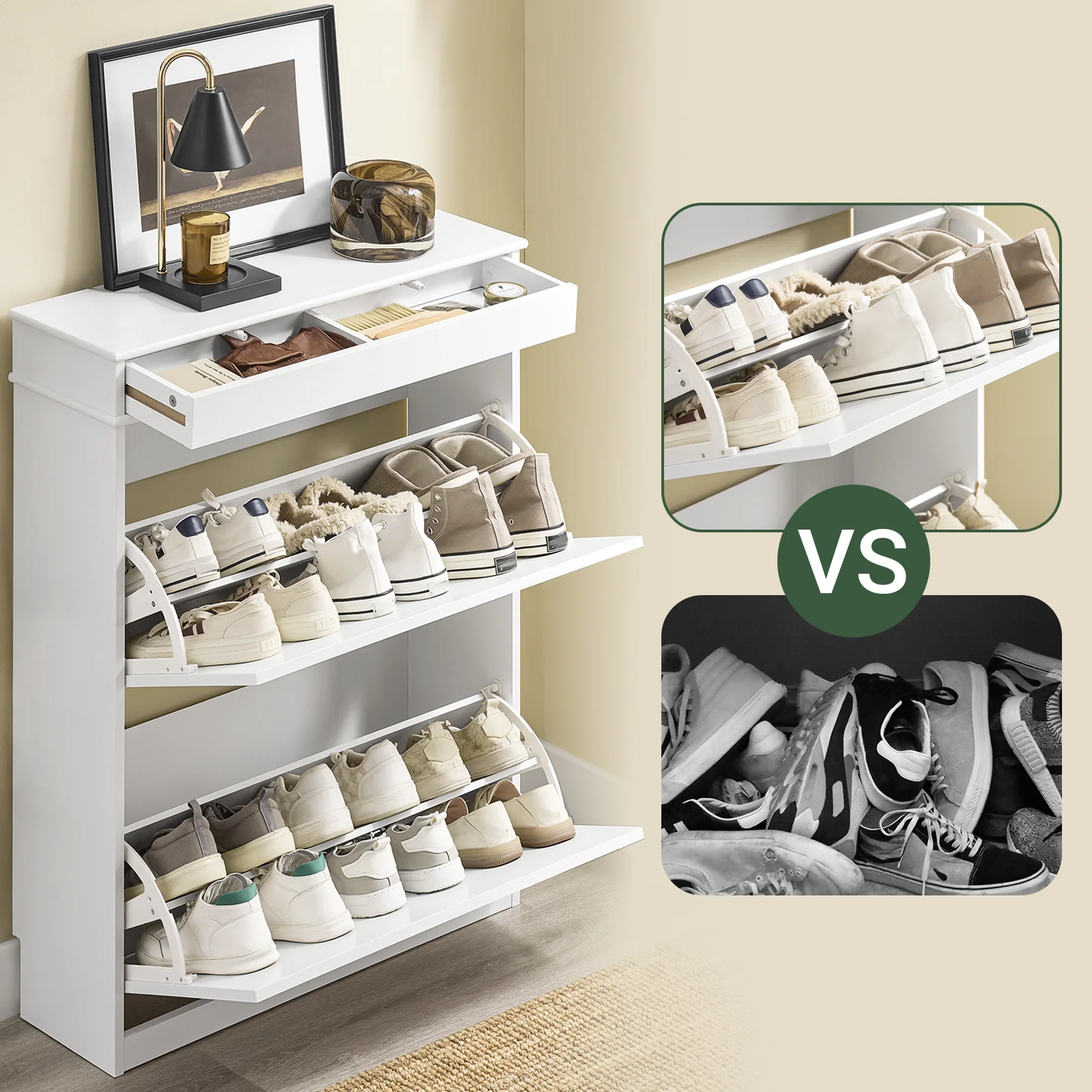 SoBuy FSR78-L-W Schoenenkast met 2 Kleppen, Schoenenrek voor Hal, Schoenenmeubel voor 12 Paar Schoenen, Schoenenopberger voor Gang of Entree, 75x24x96cm, Wit - Image 8