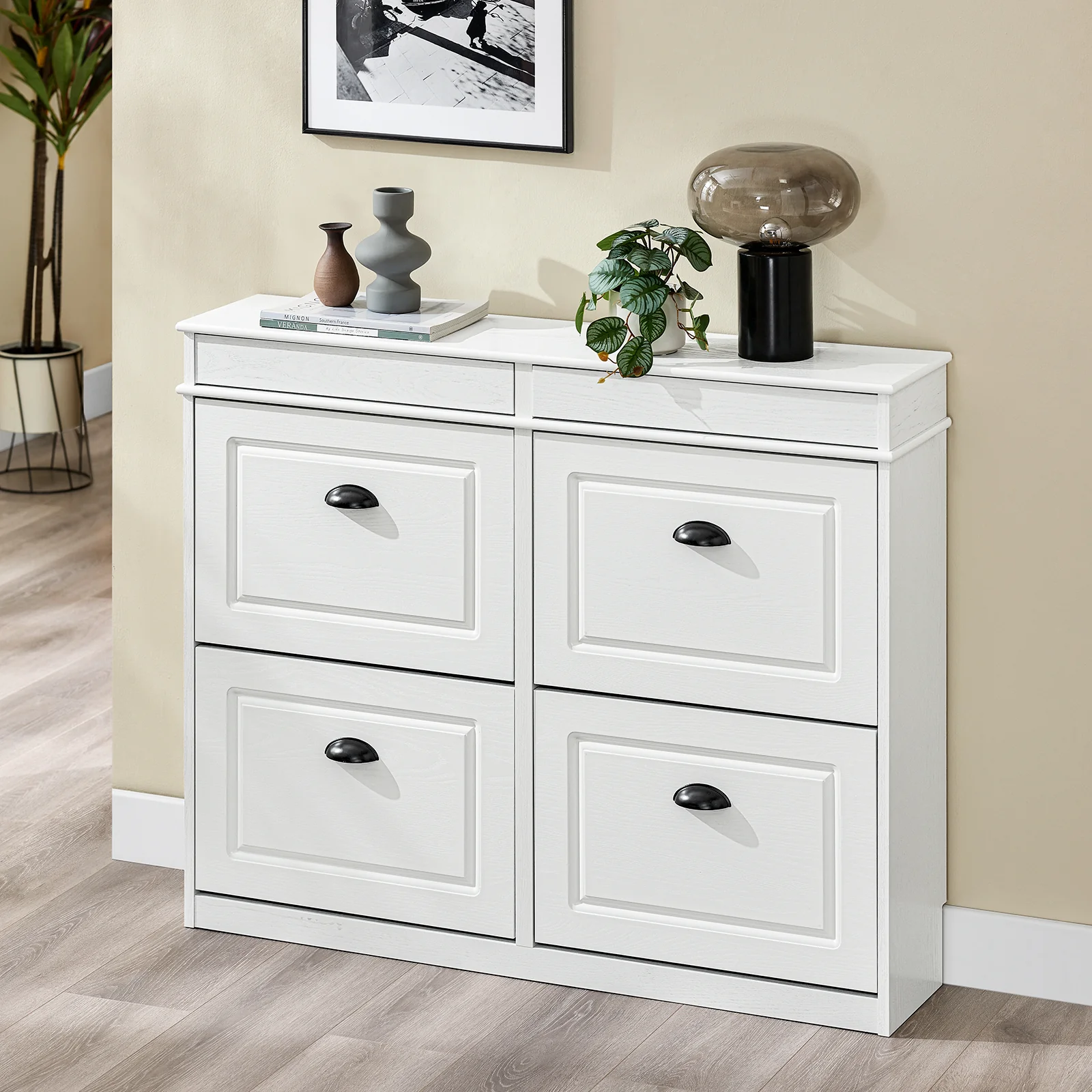 SoBuy FSR79-WG Schoenenkast met 4 kleppen, schoenenkast, entree, schoenenkast, schoenenrek, 16 paar, voor hal, entree, 103 x 23 x 82 cm, antiek houteffect, wit - Image 4