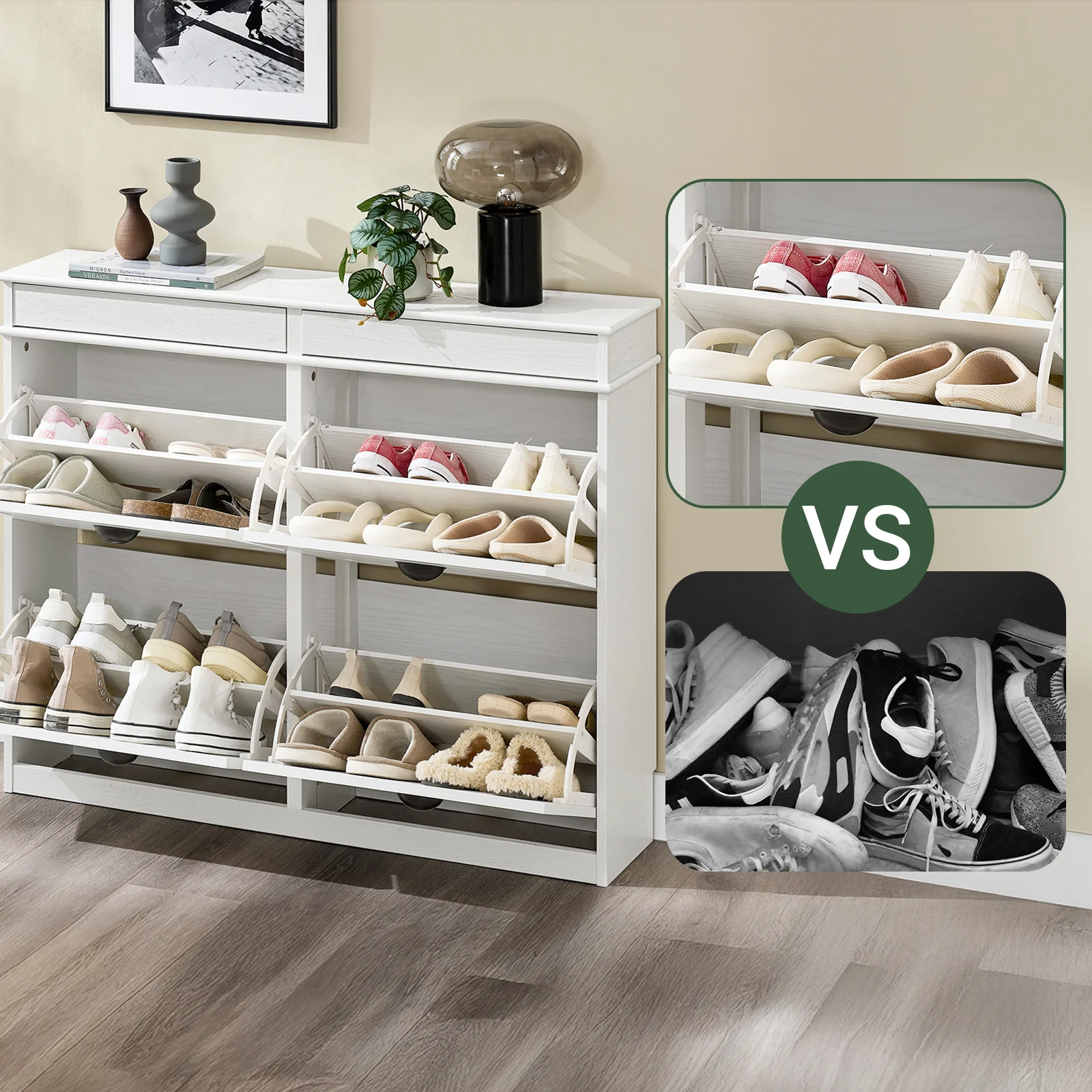 SoBuy FSR79-WG Schoenenkast met 4 kleppen, schoenenkast, entree, schoenenkast, schoenenrek, 16 paar, voor hal, entree, 103 x 23 x 82 cm, antiek houteffect, wit - Image 6