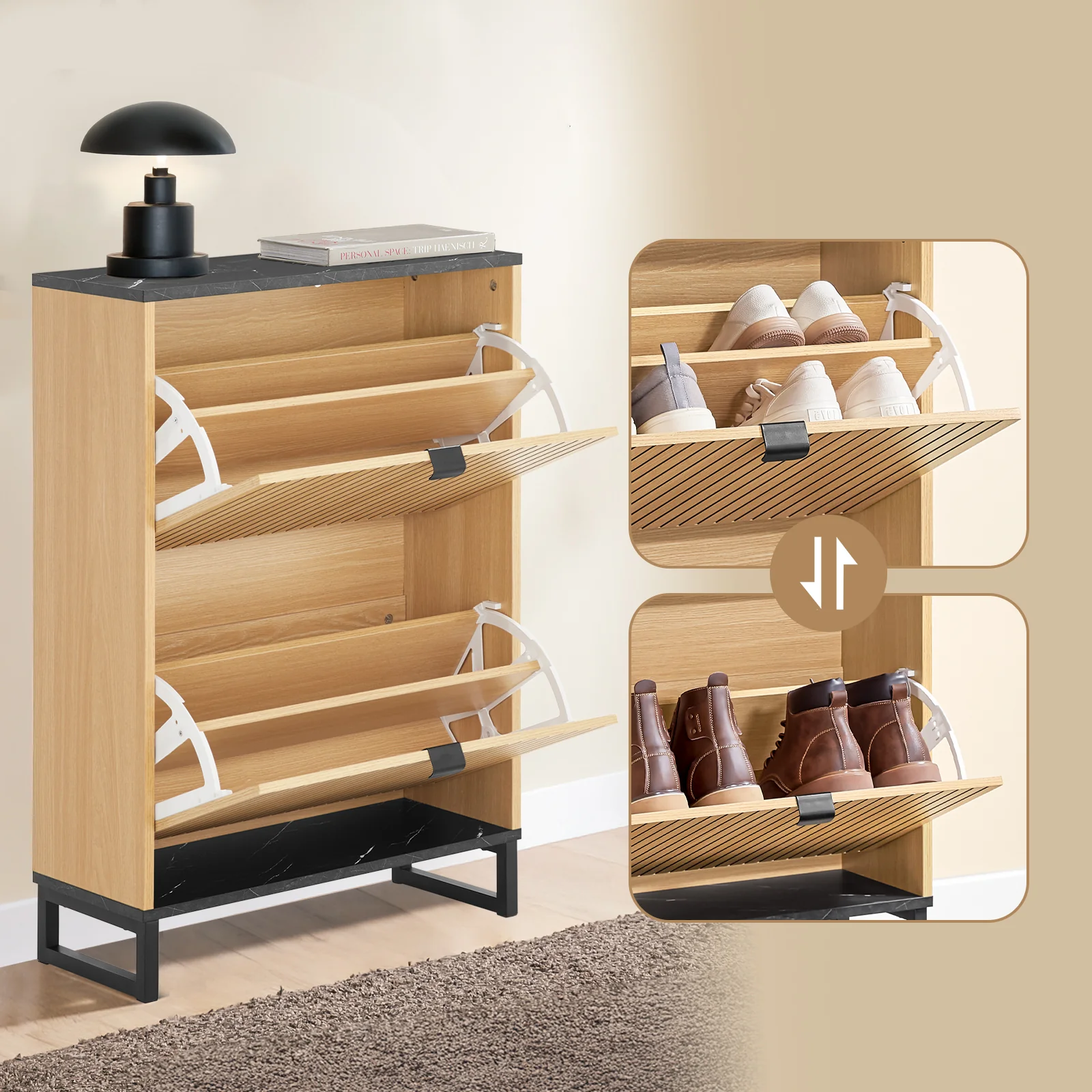 Pre-order SoBuy FSR202-N Schoenenkast voor entree, dunne schoenenkast, compacte schoenenopslag en Scandinavisch design, geschikt voor 8-12 paar, zwart en licht hout, 60 x 24 x 88 cm - Image 4