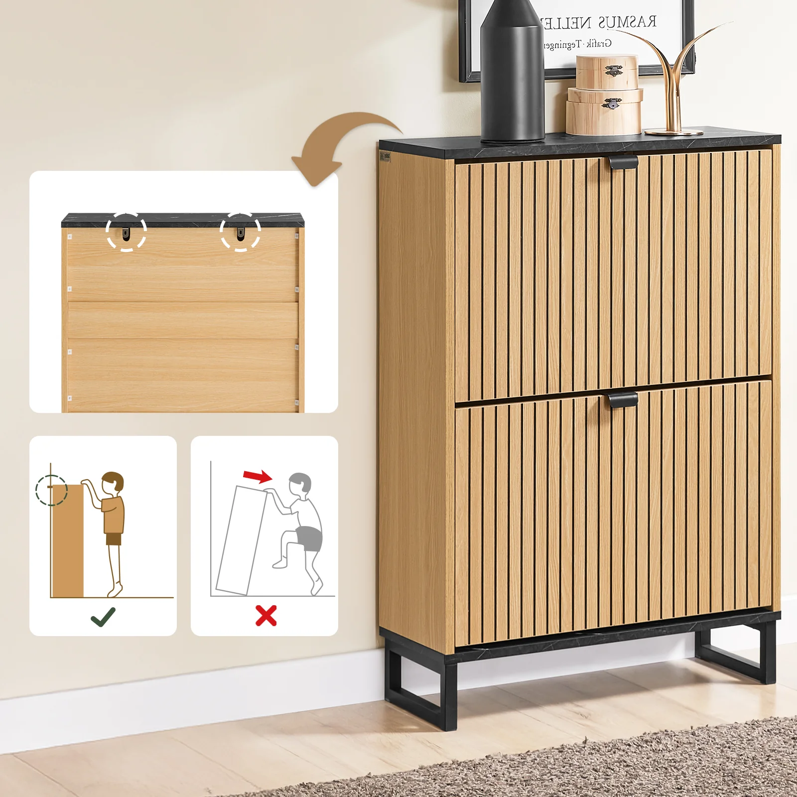 Pre-order SoBuy FSR202-N Schoenenkast voor entree, dunne schoenenkast, compacte schoenenopslag en Scandinavisch design, geschikt voor 8-12 paar, zwart en licht hout, 60 x 24 x 88 cm - Image 7