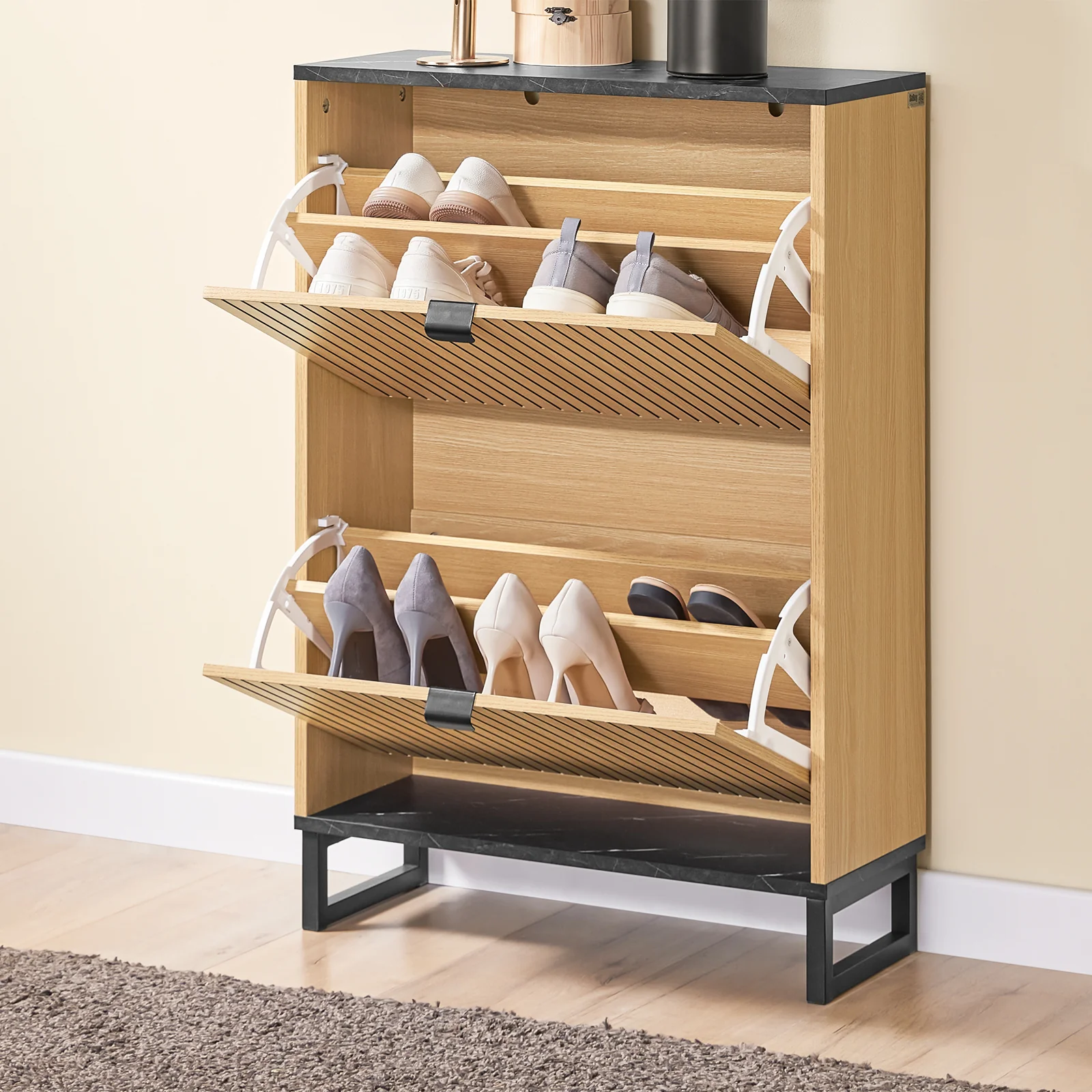 Pre-order SoBuy FSR202-N Schoenenkast voor entree, dunne schoenenkast, compacte schoenenopslag en Scandinavisch design, geschikt voor 8-12 paar, zwart en licht hout, 60 x 24 x 88 cm - Image 9