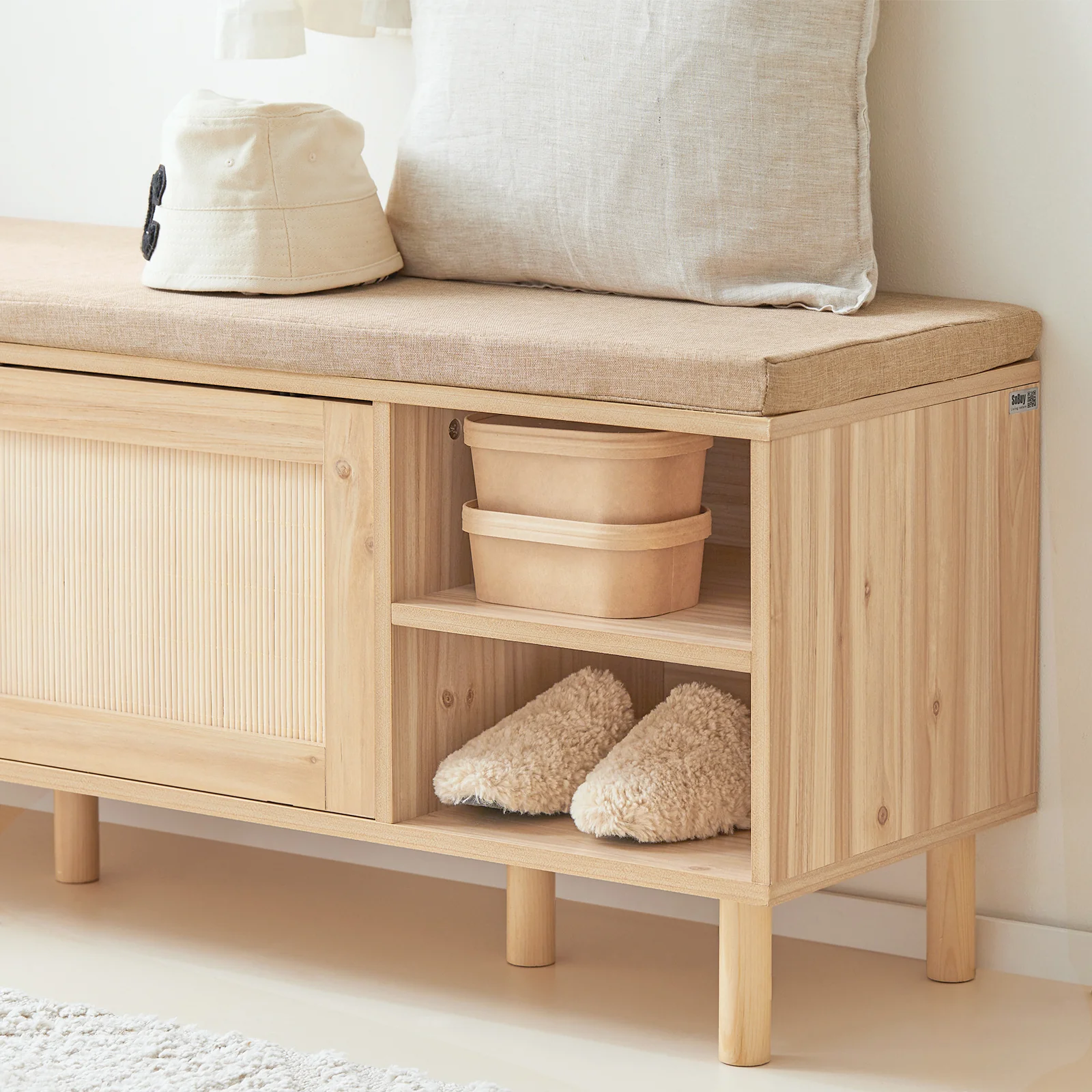 SoBuy Set FSR163-N + FSR160-N – Bamboe Schoenenmeubel Set in Natuurkleur, Schoenenbank met Kussen + Schoenenkast met 2 Kleppen, 2-delige Haloplossing - Image 9