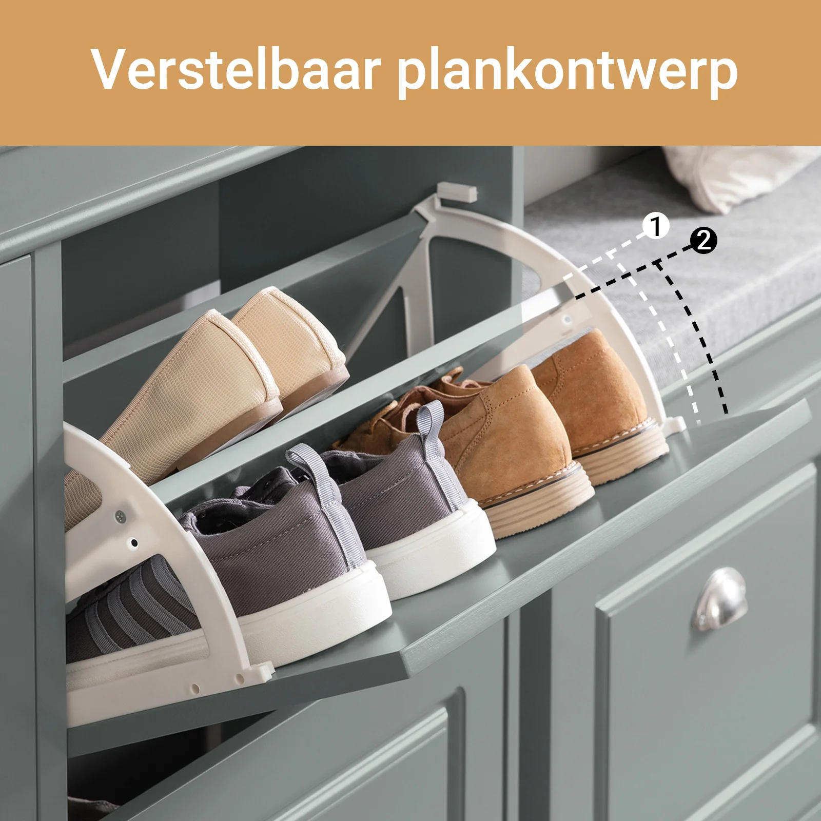 SoBuy Set FSR64-HG + FSR79-HG – Grijze Schoenenmeubel Set, Schoenenbank met Kussen + Schoenenkast met 4 Kleppen voor 16 Paar, 2-delig Halmeubel - Image 11