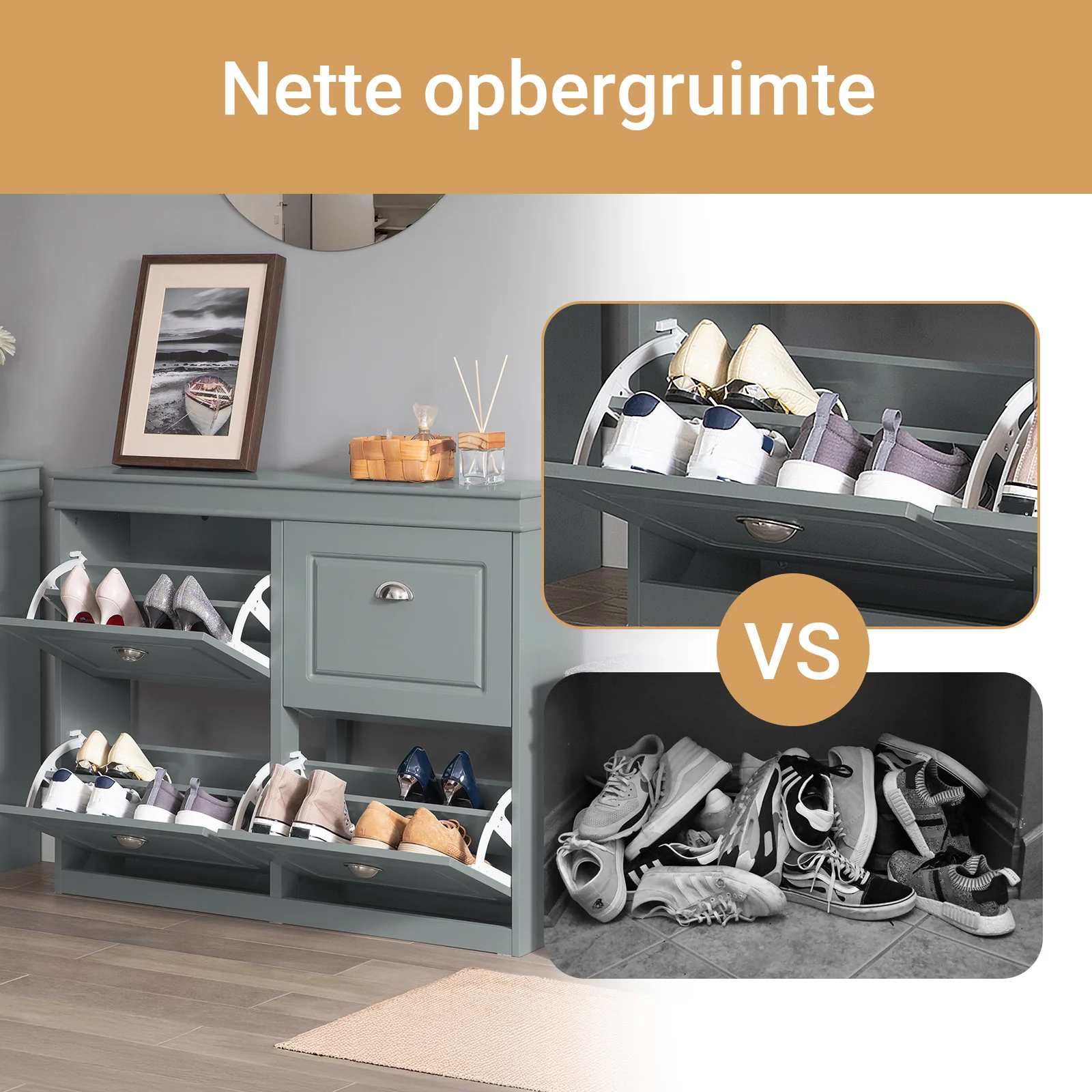 SoBuy Set FSR64-HG + FSR79-HG – Grijze Schoenenmeubel Set, Schoenenbank met Kussen + Schoenenkast met 4 Kleppen voor 16 Paar, 2-delig Halmeubel - Image 12