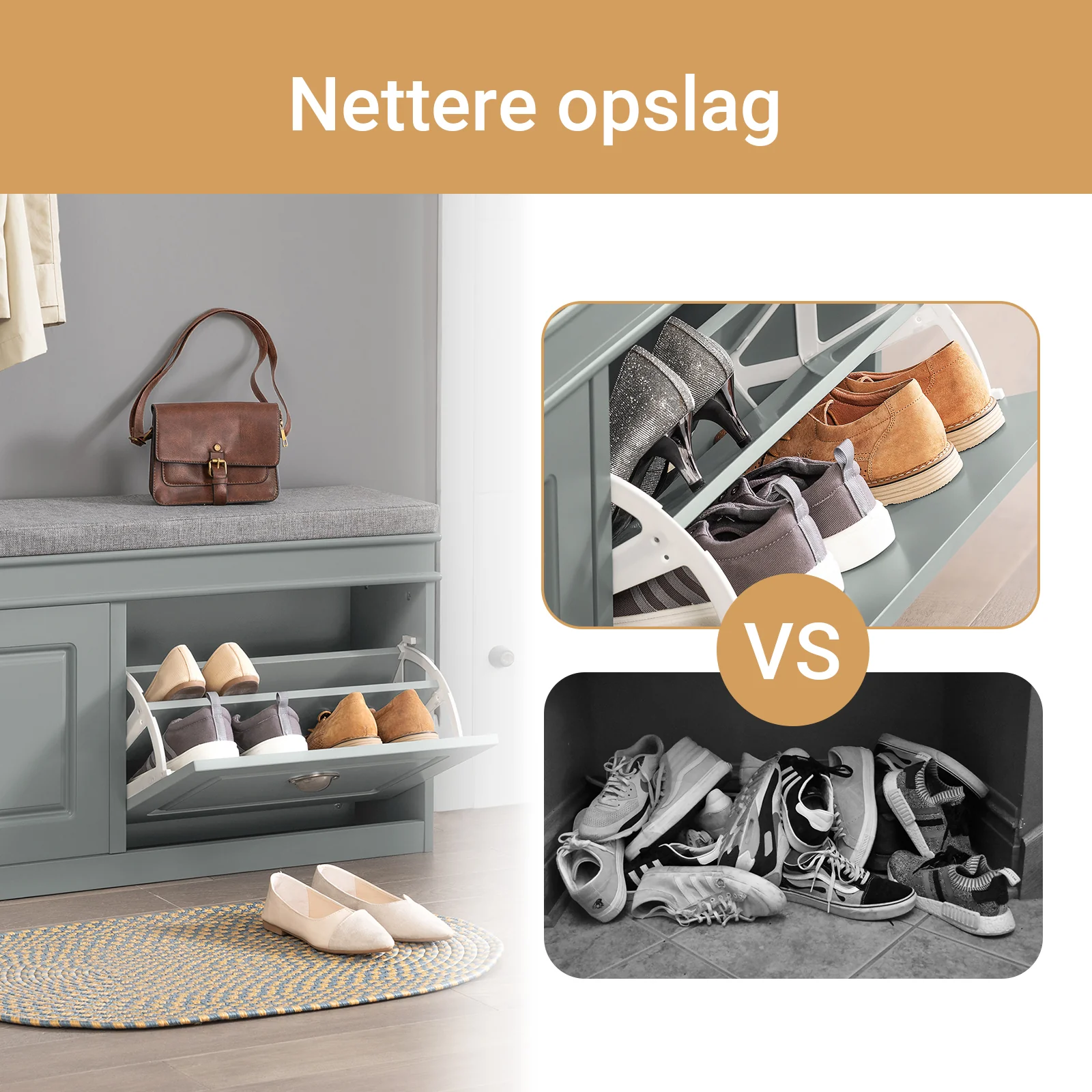 SoBuy Set FSR64-HG + FSR79-HG – Grijze Schoenenmeubel Set, Schoenenbank met Kussen + Schoenenkast met 4 Kleppen voor 16 Paar, 2-delig Halmeubel - Image 8