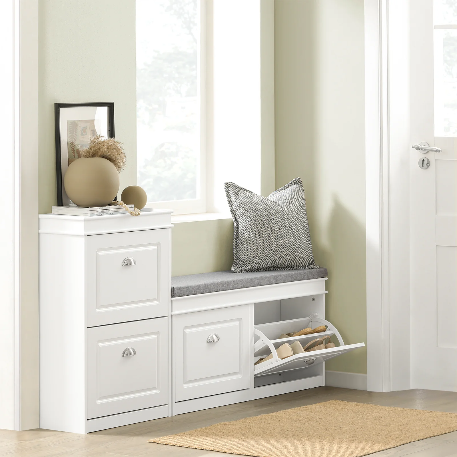 SoBuy Set FSR64-W + FSR78-W – Witte Schoenenmeubel Set, Schoenenbank met Kussen + Schoenenkast met 2 Kleppen, Smal Halmeubel, 2-delig - Image 9