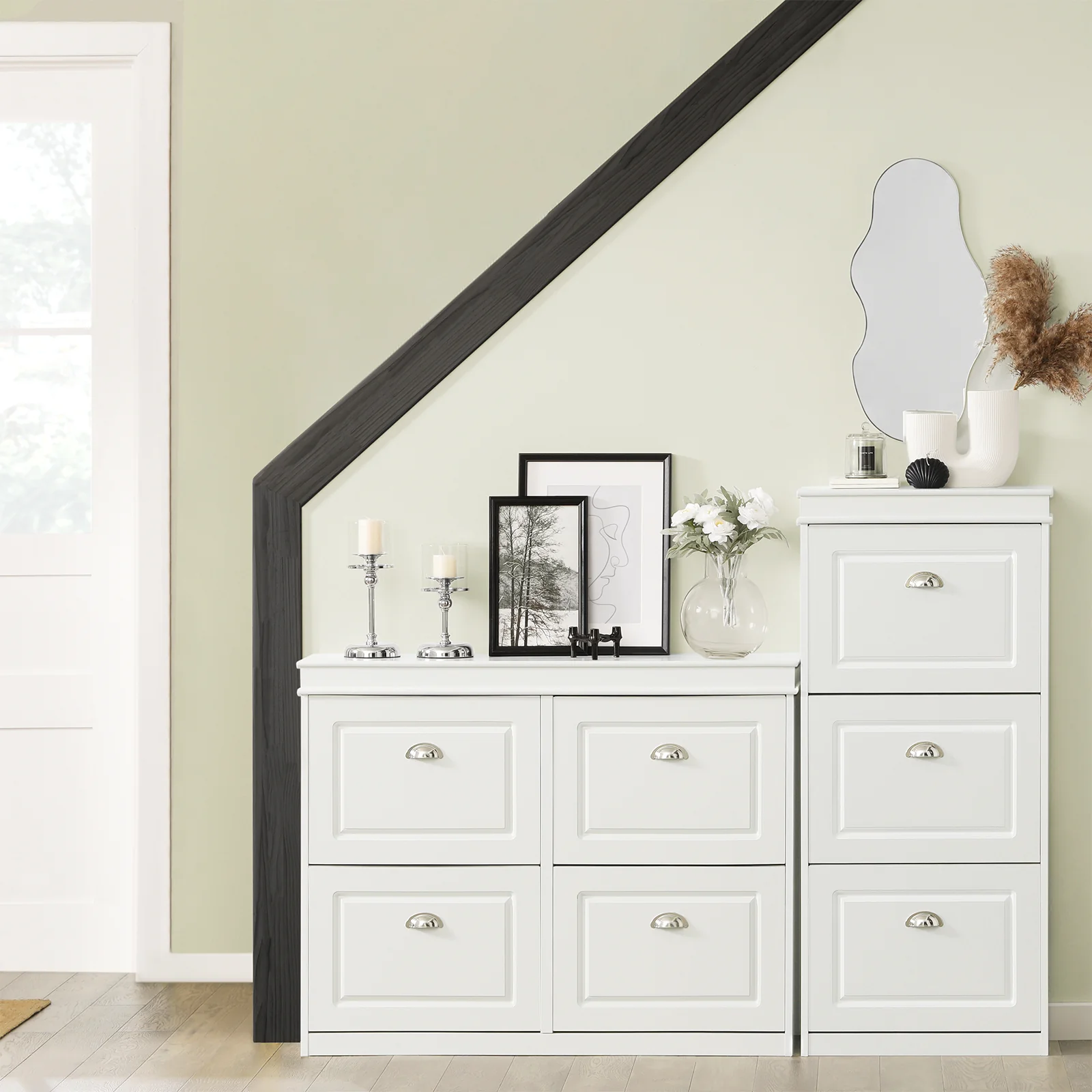 SoBuy Set FSR64-W + FSR79-W – Witte Schoenenmeubel Set, Schoenenbank met Kussen & Schoenenkast met 4 Kleppen voor 16 Paar, Smal Halmeubel - Image 3