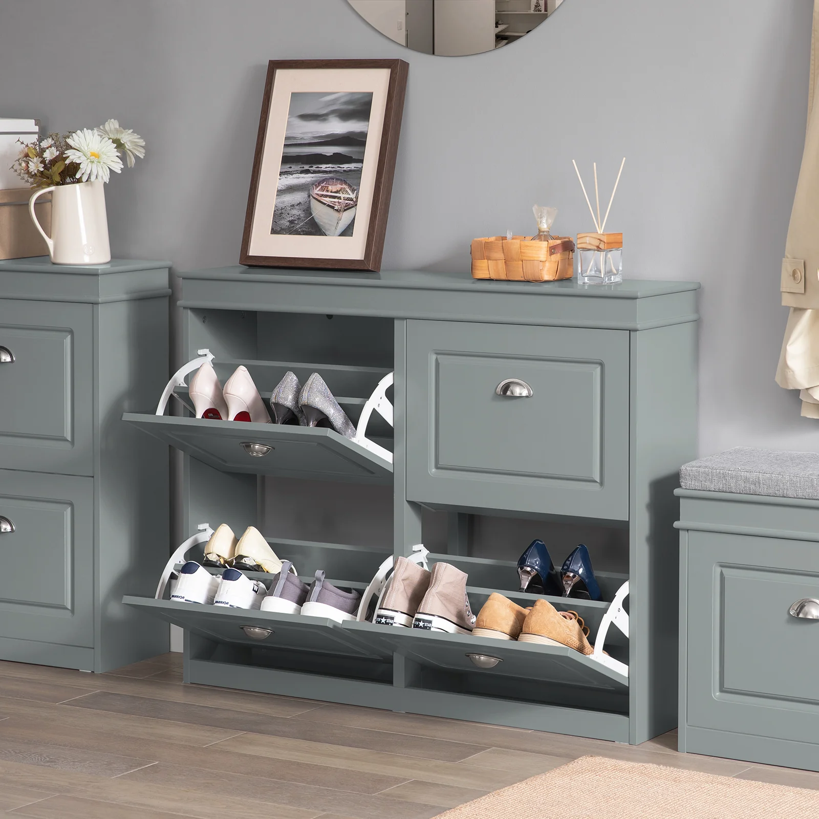 SoBuy Set FSR82-K-HG + FSR79-HG – Grijze Schoenenmeubel Set, Schoenenbank met Kussen + Schoenenkast met 4 Kleppen voor 16 Paar, 2-delig Halmeubel - Image 11