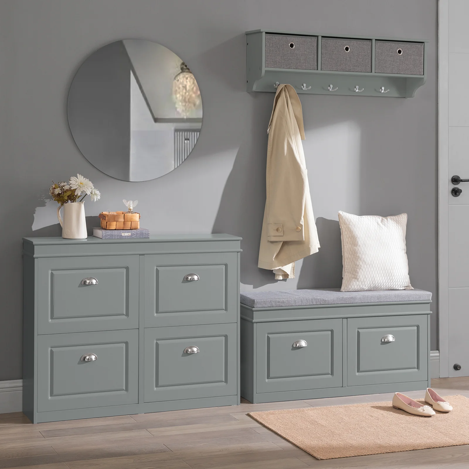 SoBuy Set FSR82-K-HG + FSR79-HG – Grijze Schoenenmeubel Set, Schoenenbank met Kussen + Schoenenkast met 4 Kleppen voor 16 Paar, 2-delig Halmeubel - Image 13